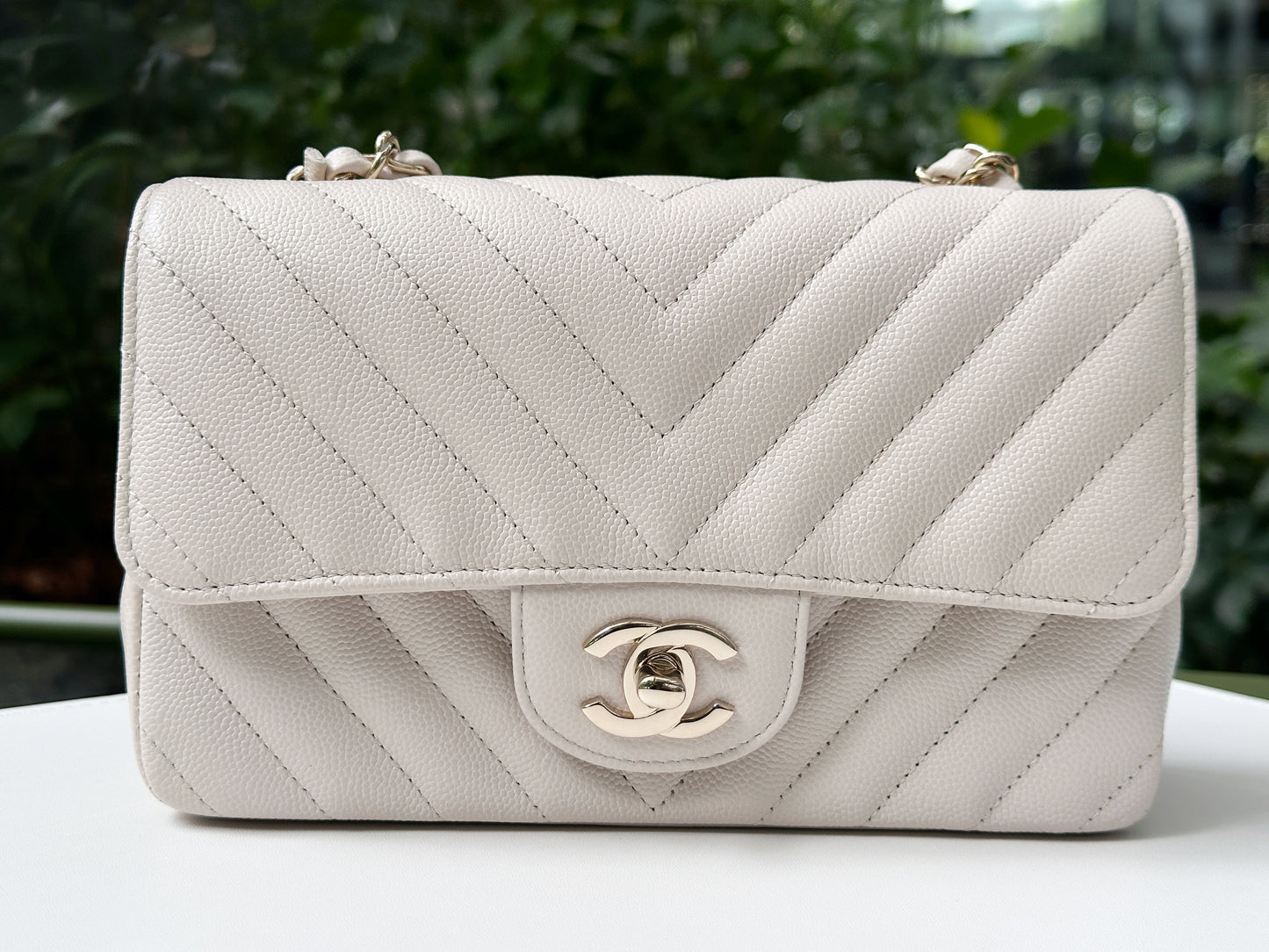 Chanel Mini Rectangle Chevron Blush Hue Light Beige Flap Bag LGHW 2644 holo card