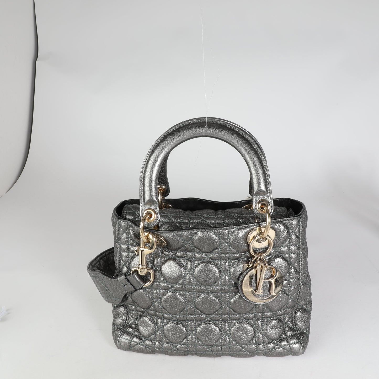 CHRISTIAN DIOR Metallic Silver Supple Cannage Leather Medium Lady Dior Tote