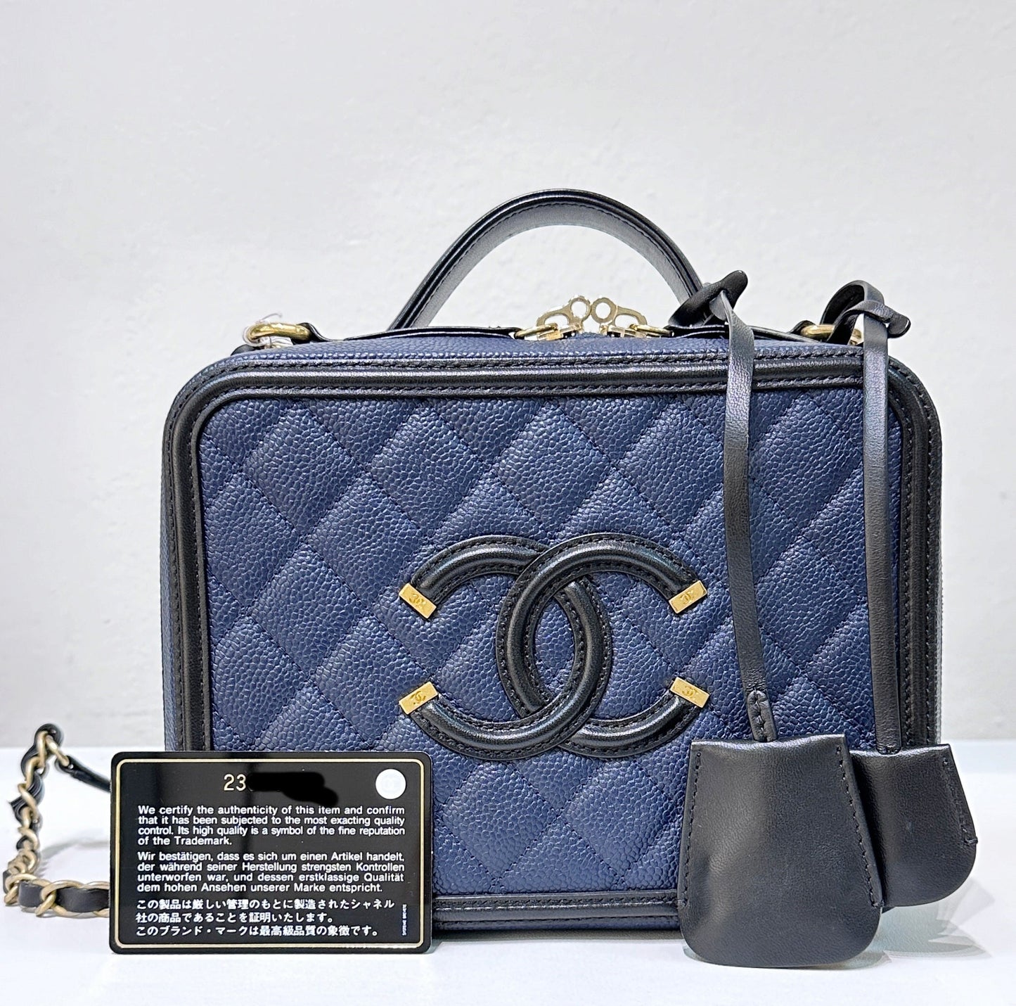 Chanel Filigree Vanity Case Quilted Caviar Medium Blue