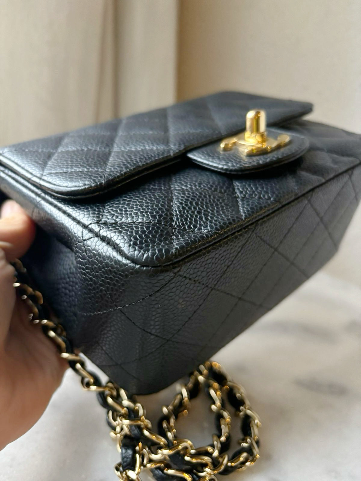 Chanel Mini Square Caviar Flap Bag Black GHW 1203 holo card
