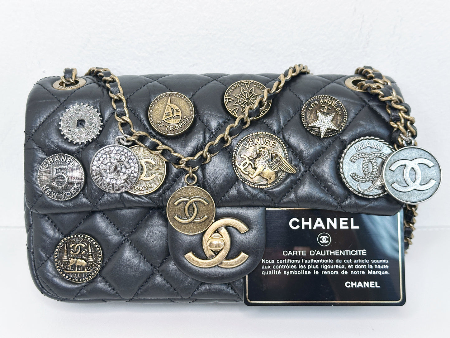 Chanel Mini Limited Edition Aged Calfskin Quilted Medallion Flap Black GHW 2063 holo card