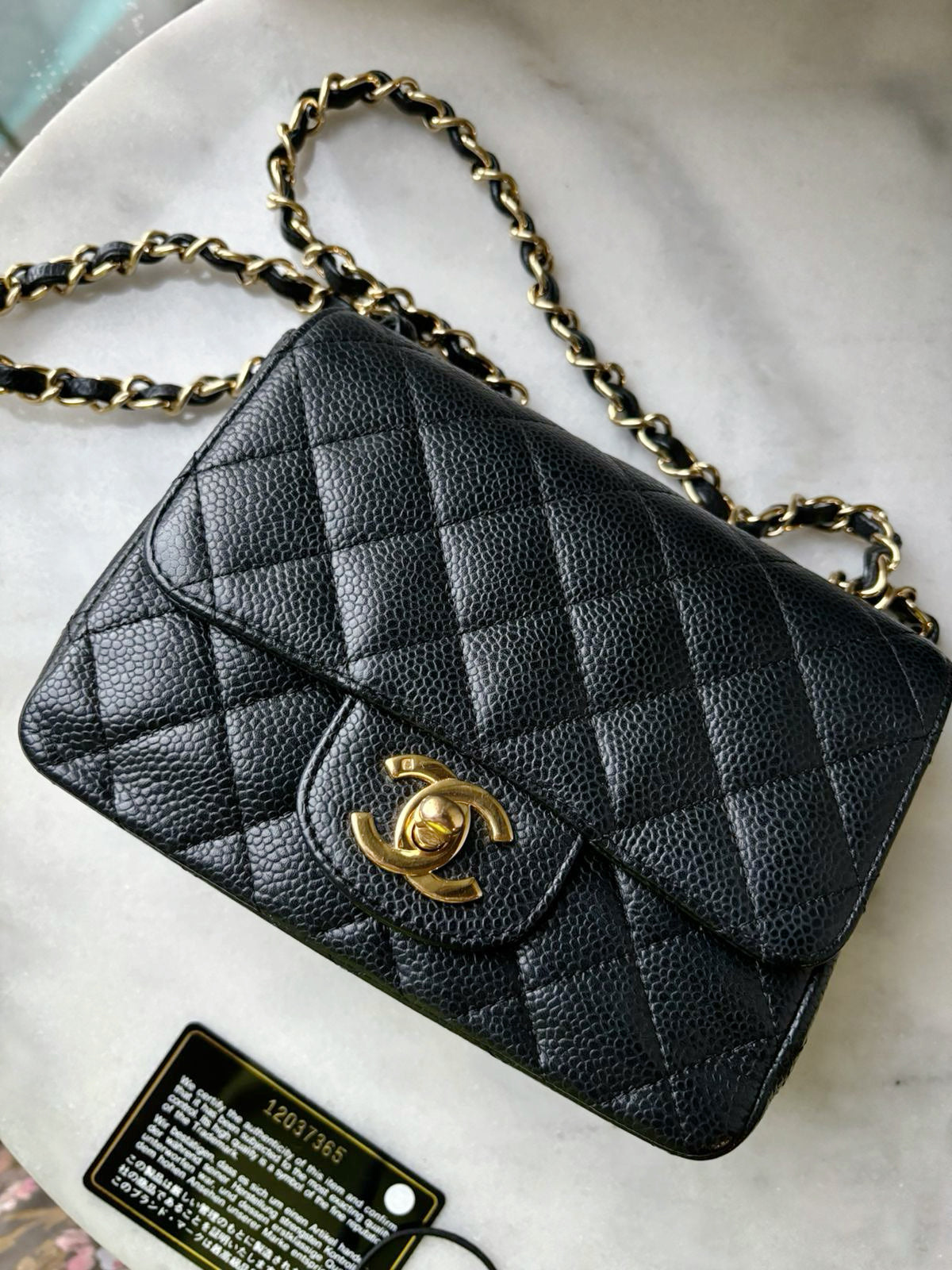 Chanel Mini Square Caviar Flap Bag Black GHW 1203 holo card
