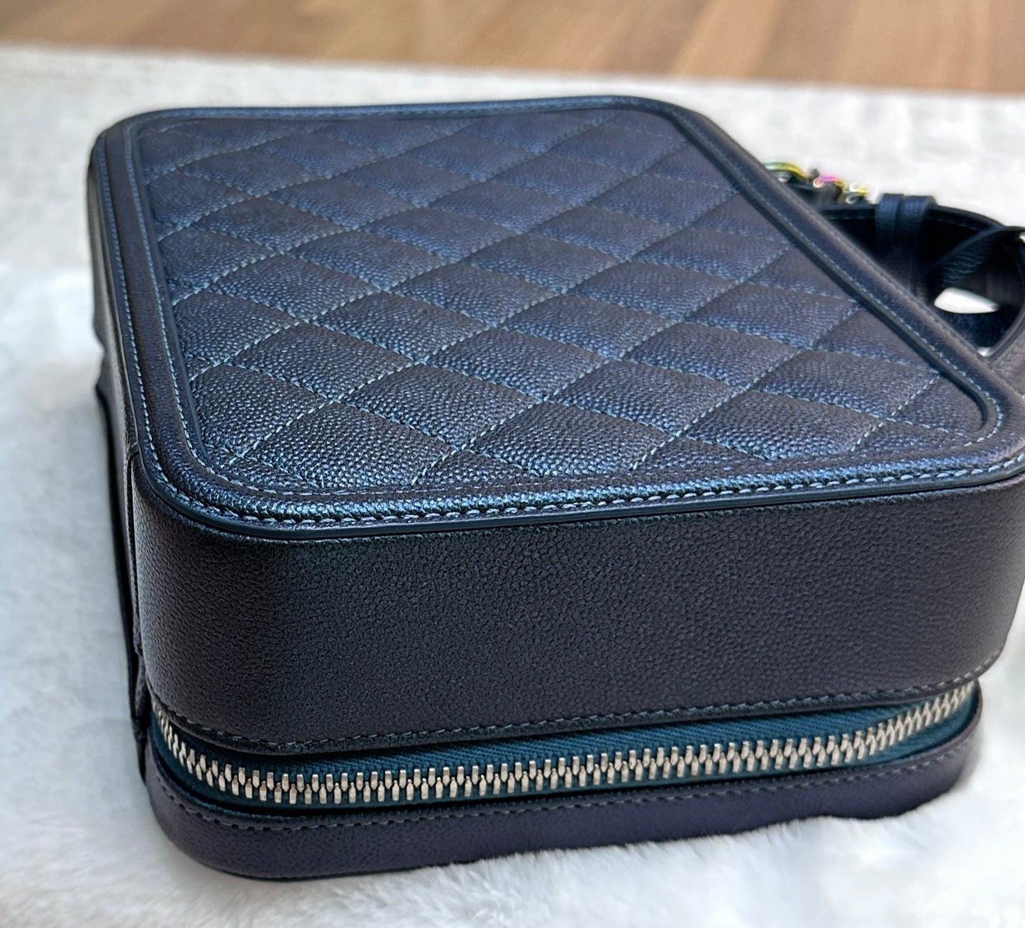 CHANEL Iridescent Caviar Quilted Medium CC Filigree Vanity Case Dark Turquoise
