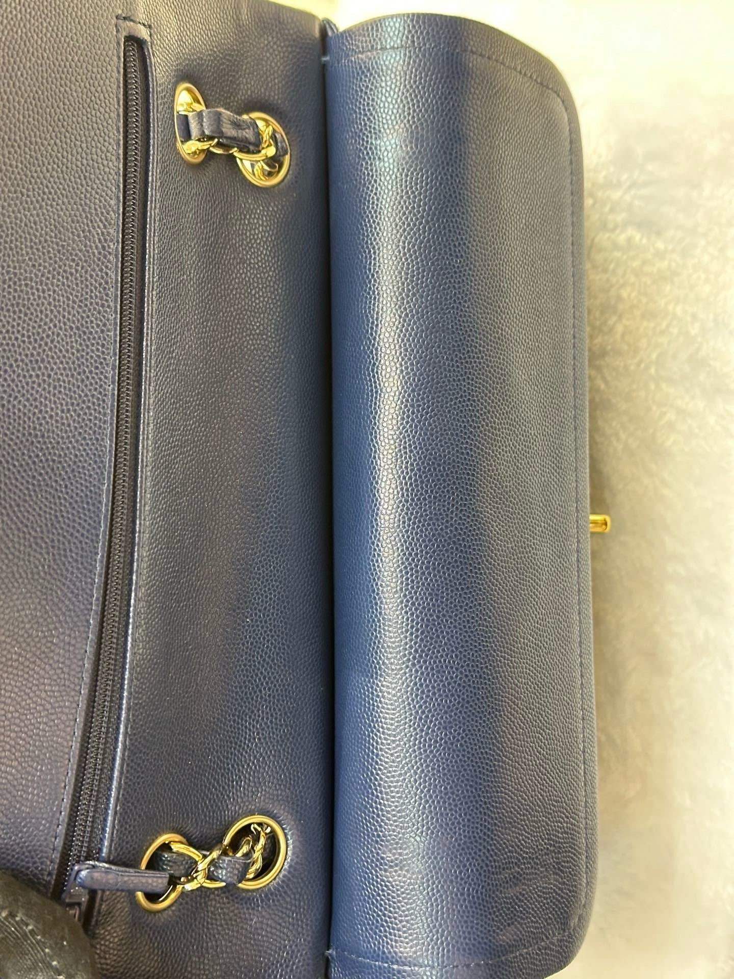 Chanel Medium Classic Caviar Double Flap Navy Blue Bag LGHW