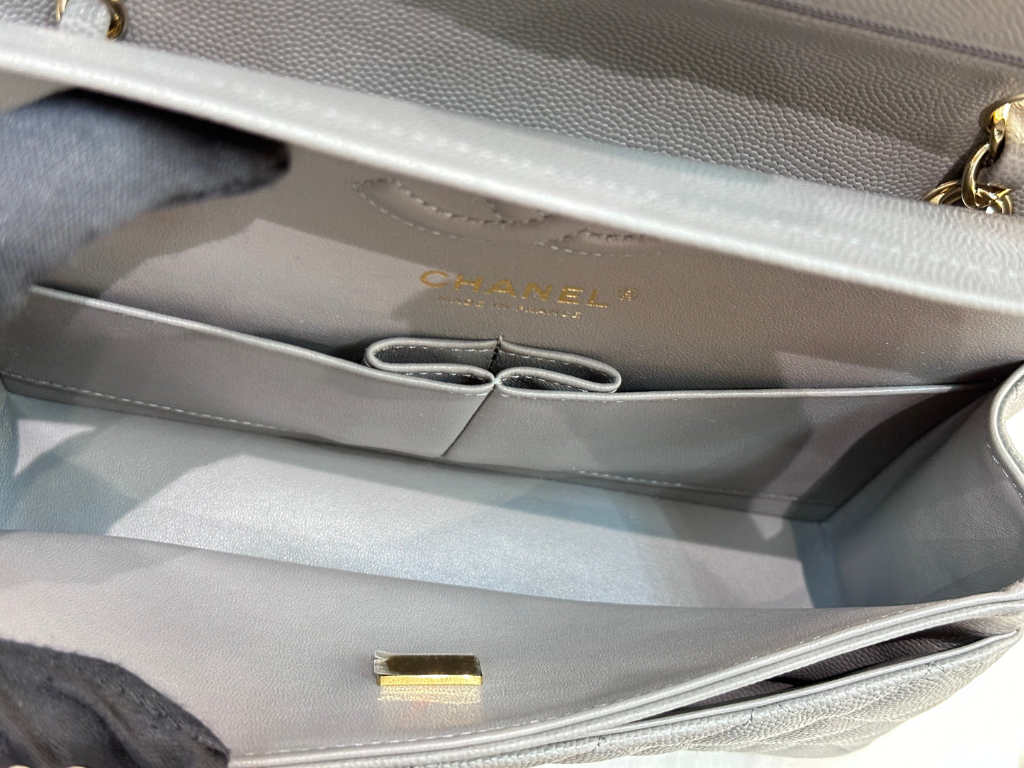 Chanel Small Caviar Quilted Double Flap Grey 21B Unused Condition