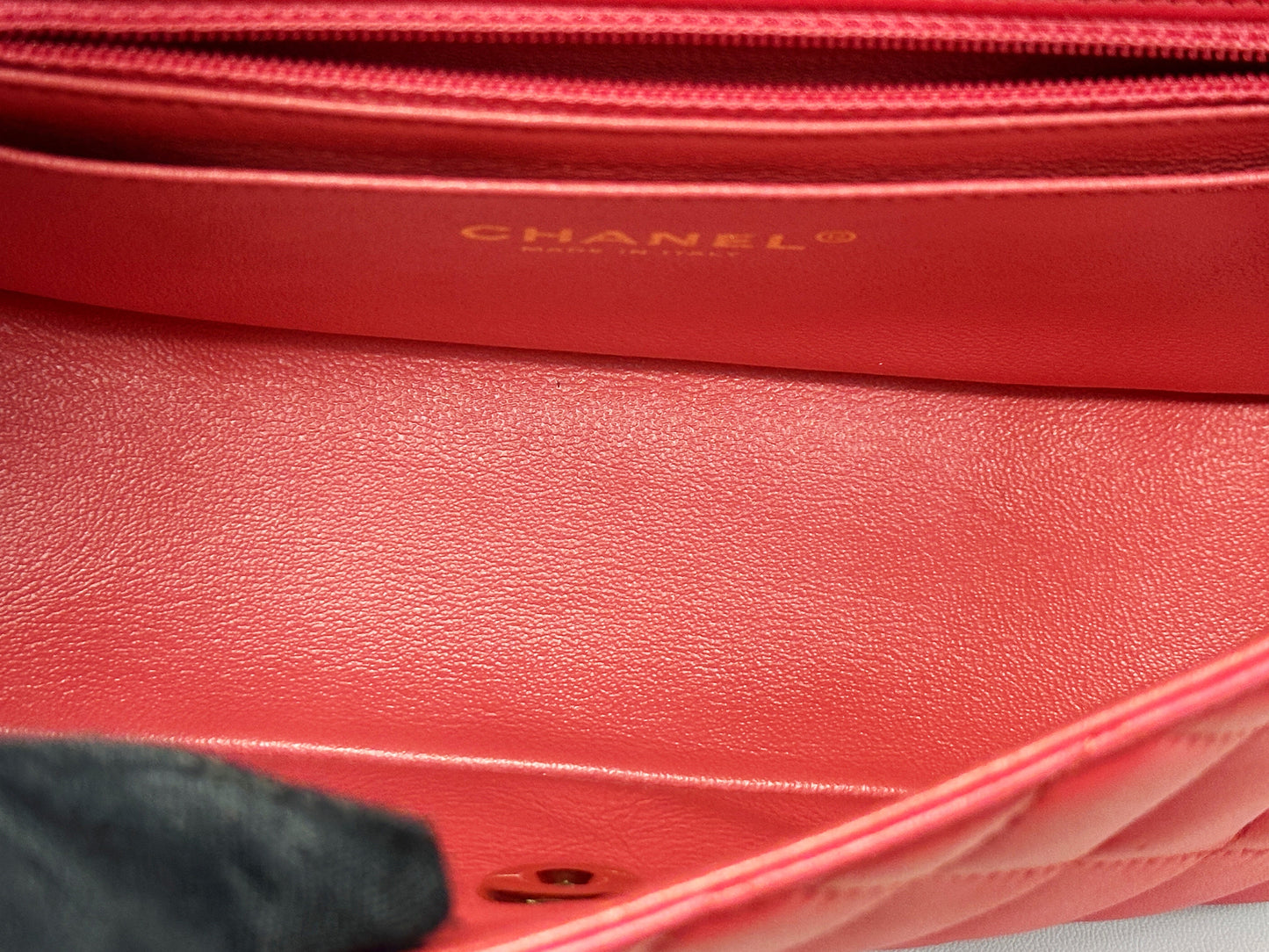 CHANEL Lambskin Quilted Mini Rectangular Flap Red 2491 holo card