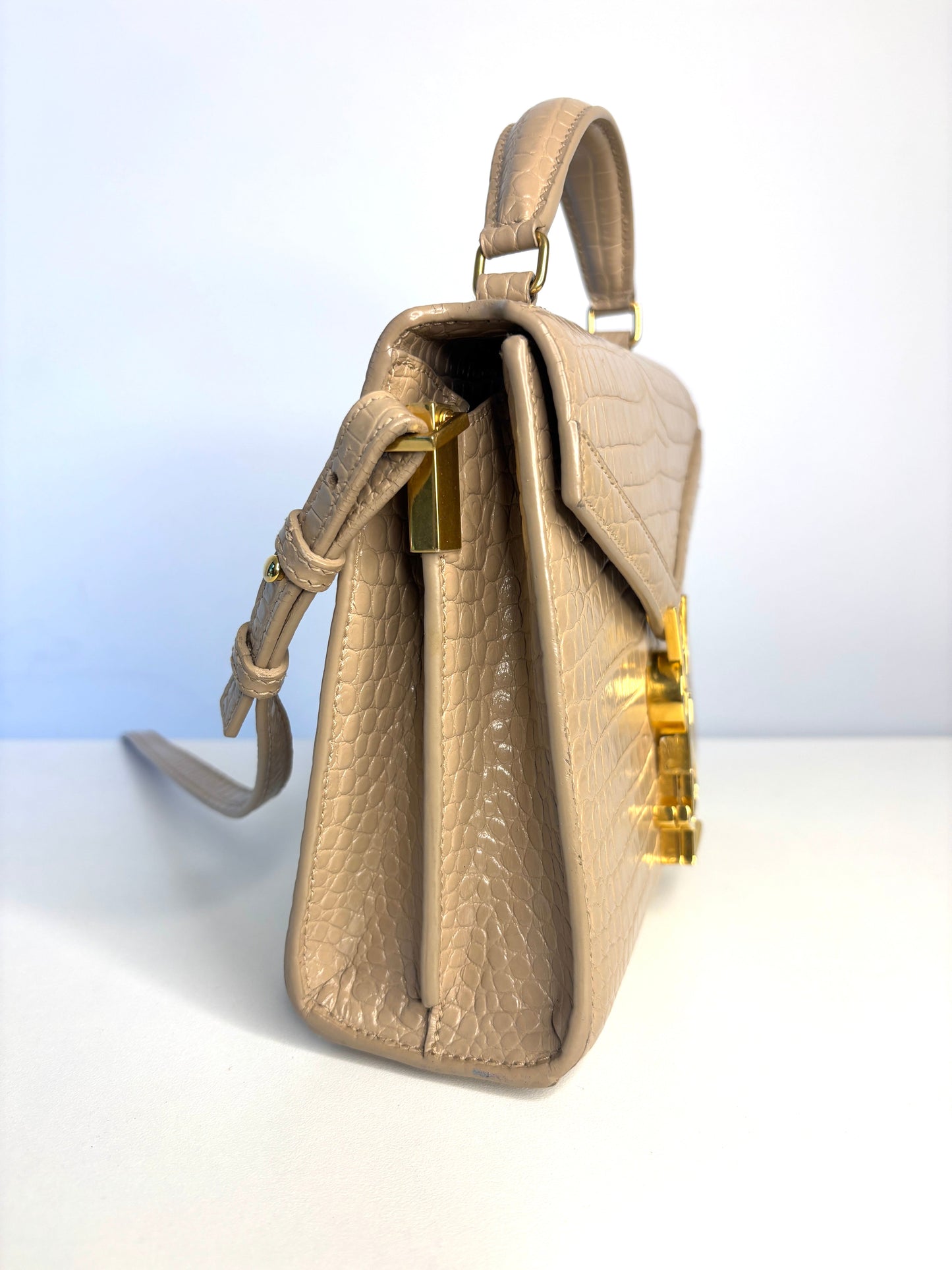Saint Laurent YSL Crocodile Embossed Mini Classic Monogram Cassandra Nude Top Handle Bag