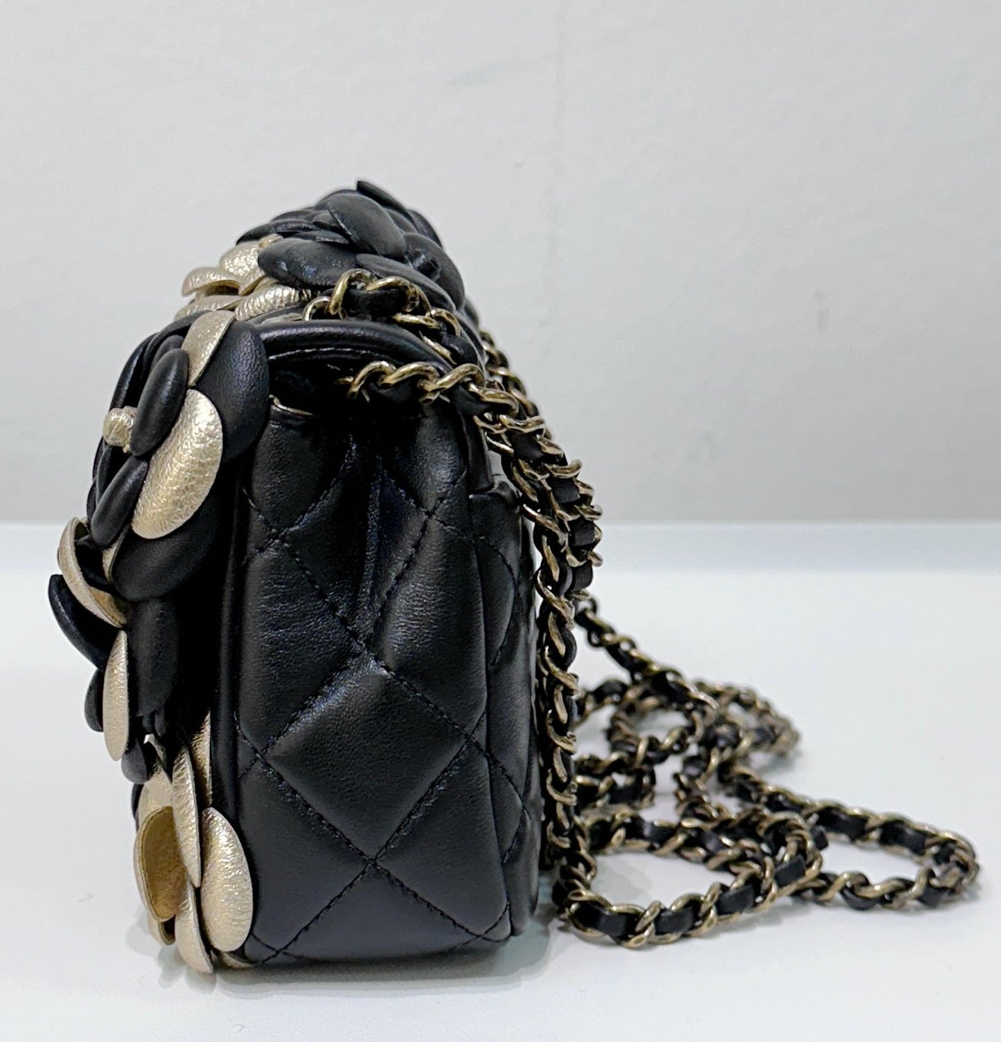 Chanel Mini Metallic Lambskin Quilted Camellia Flap Bag Black Gold