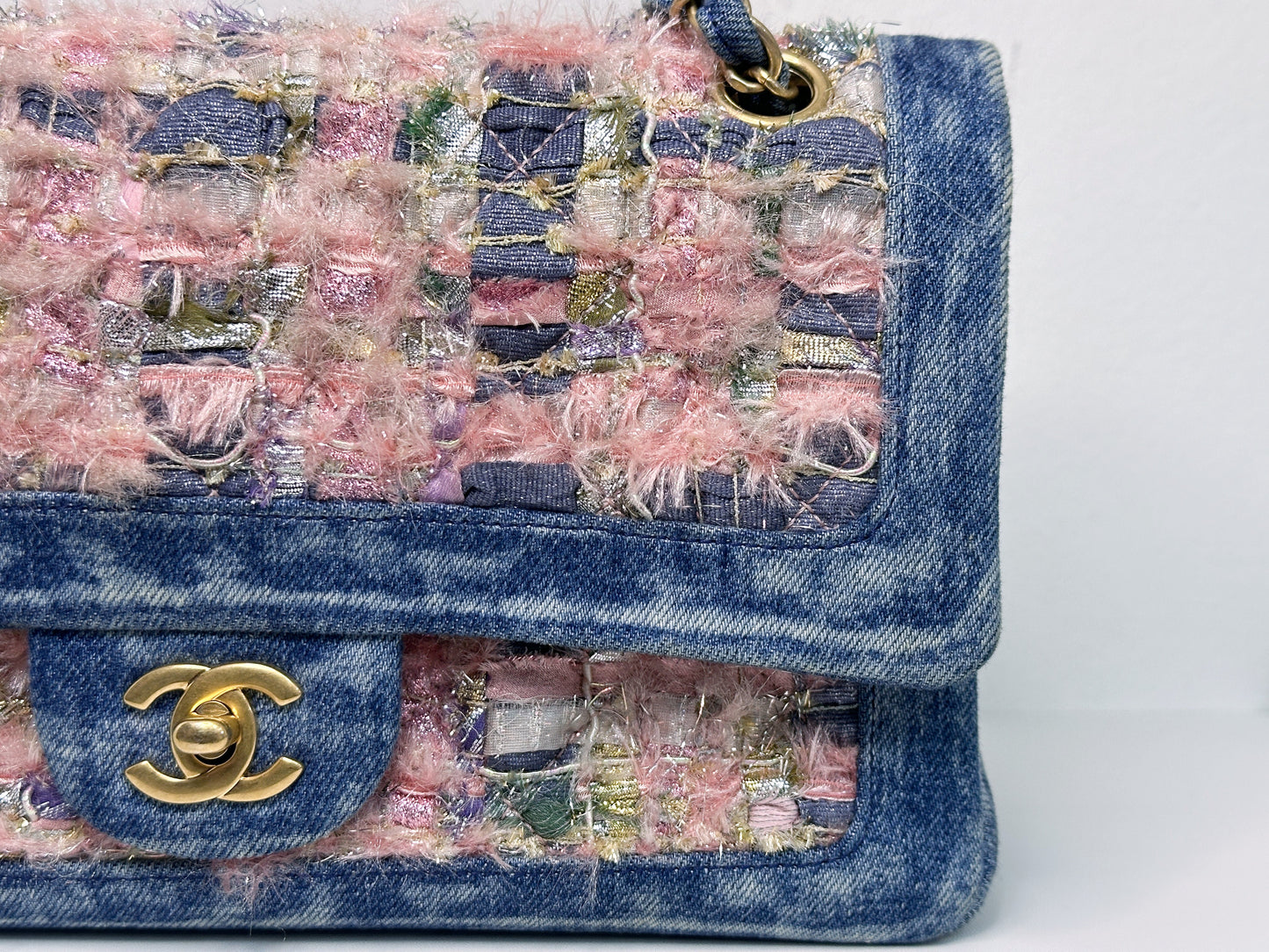 Chanel Pink, Silver, and Gold Tweed and Denim Medium Classic Double Flap Gold Hardware, 2016