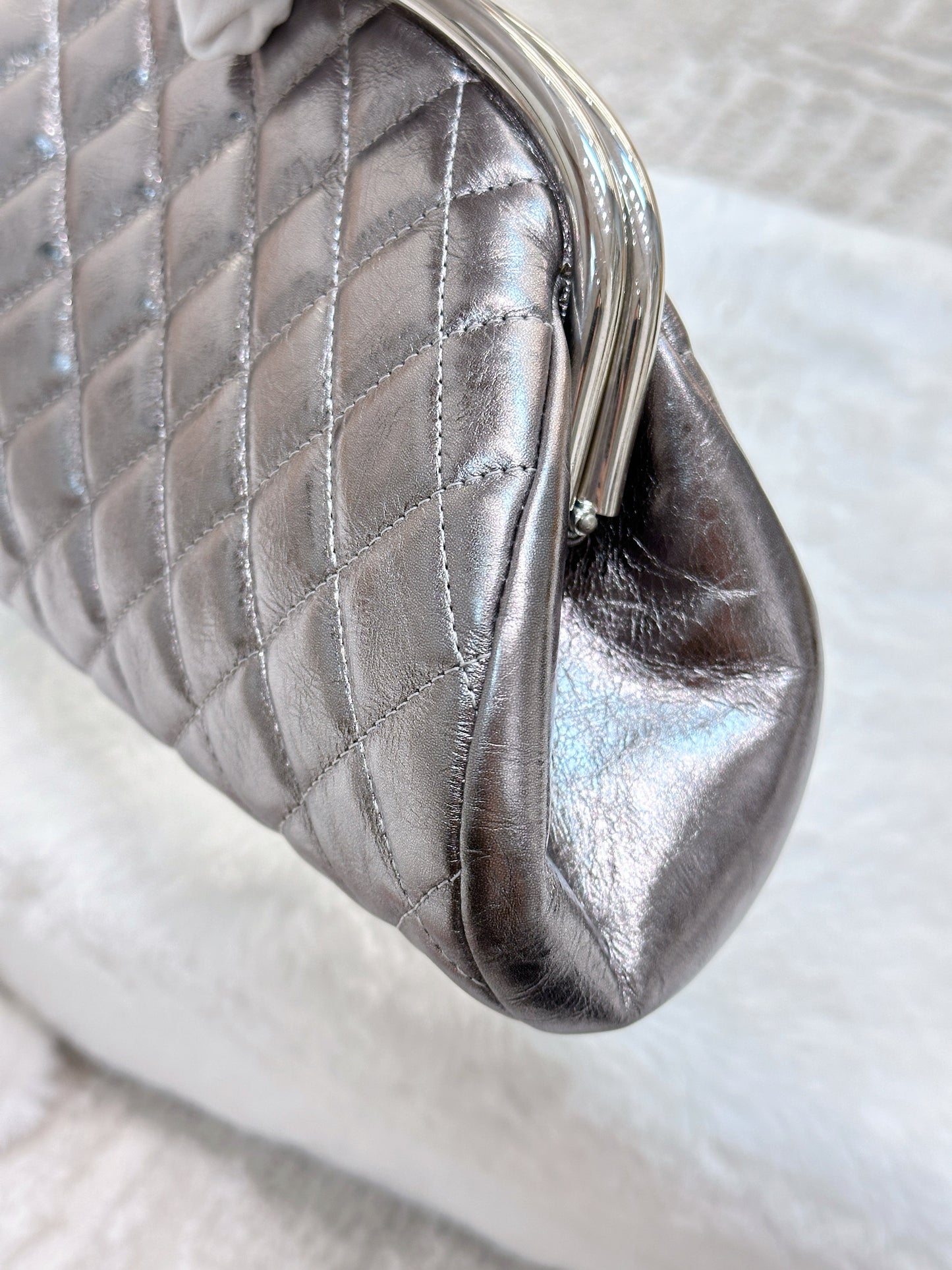 CHANEL Metallic Aged Calfskin Quilted Timeless Clutch Silver