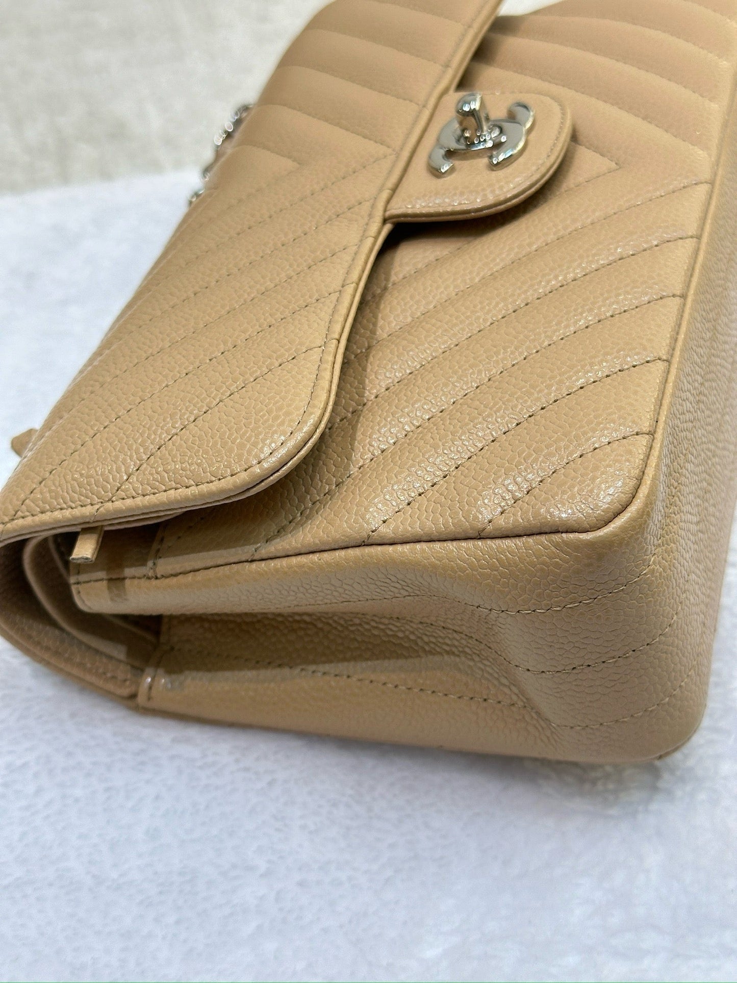 Chanel Small Classic Chevron Calfskin Double Flap Dark Beige SHW 19S 27 Holo card