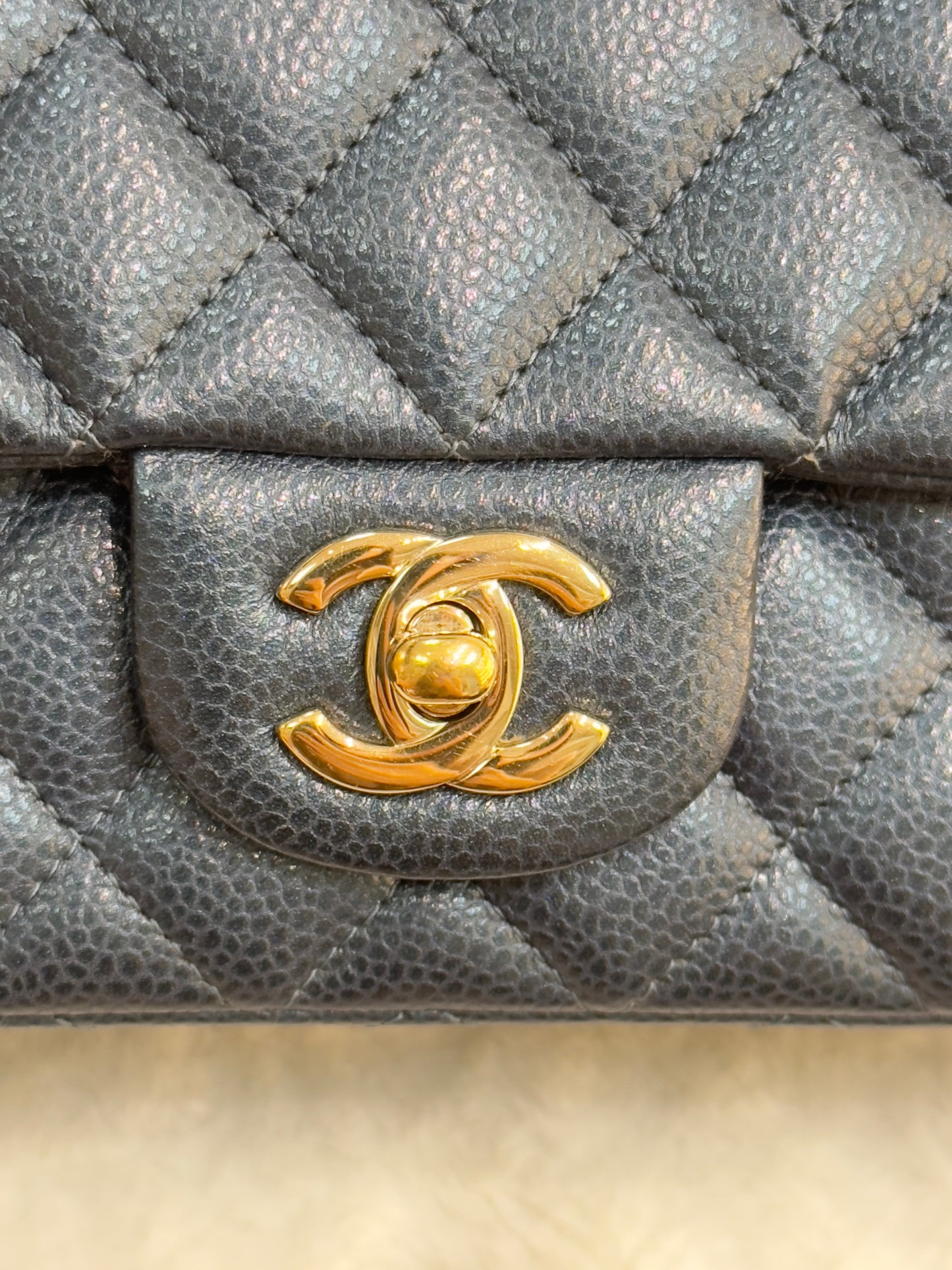CHANEL Pearly Caviar Quilted Mini Rectangular Flap Navy Blue 18S
