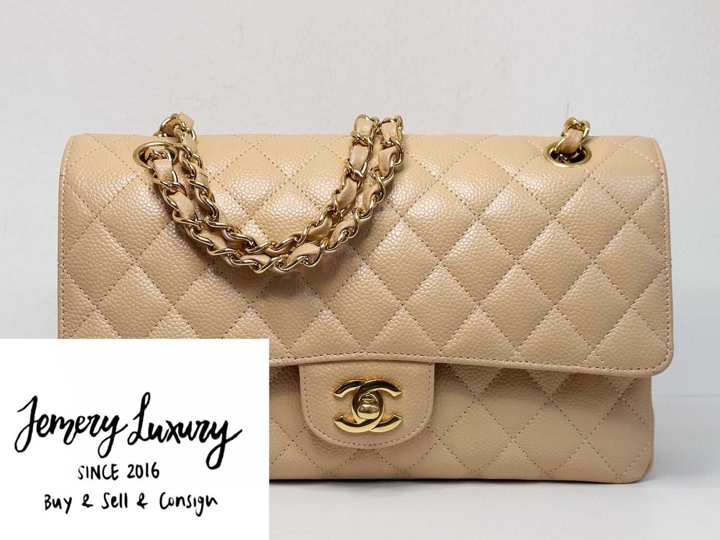 Chanel Medium Caviar Classic Double Flap Bag Beige 2552 holo card