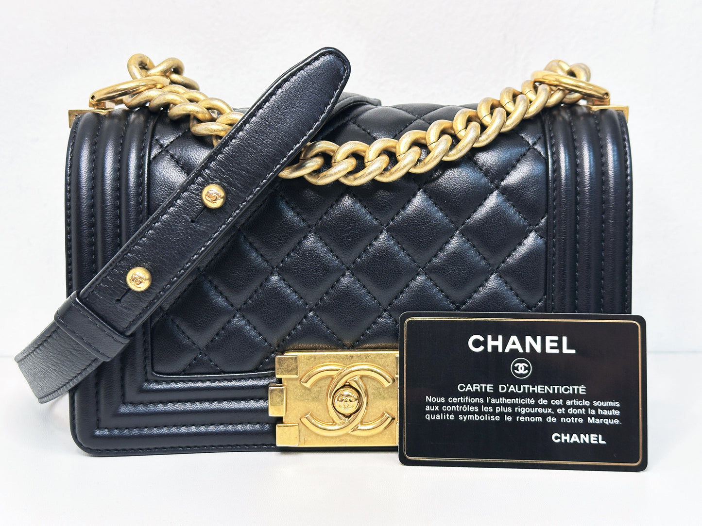 CHANEL SMALL BOY BAG CAVIAR BLACK GHW 2457 holo card
