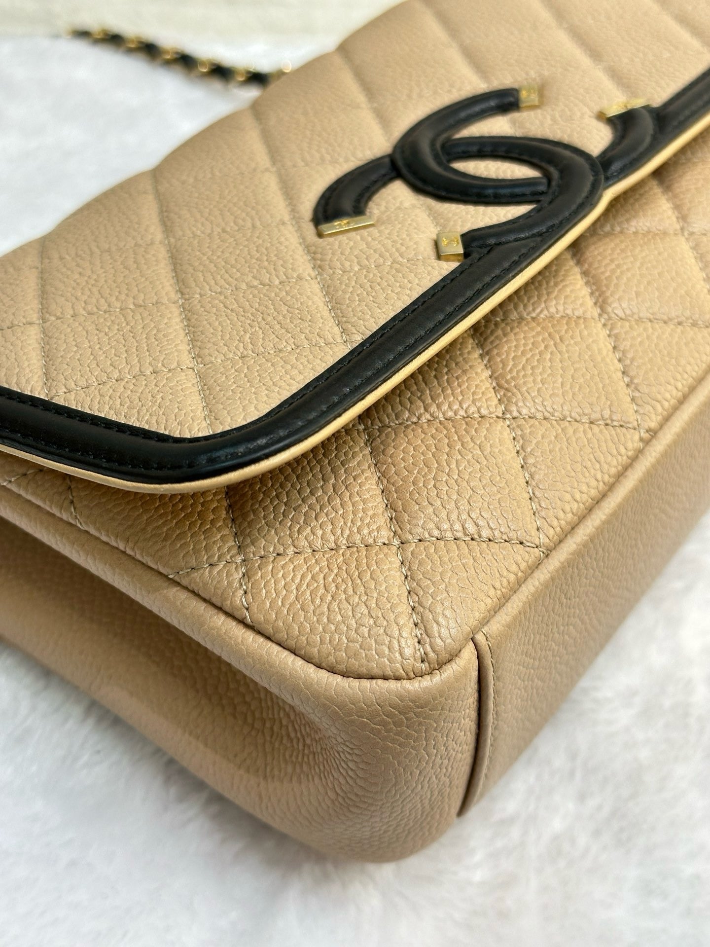 Chanel Small Caviar Quilted CC Filigree Flap Beige Black GHW