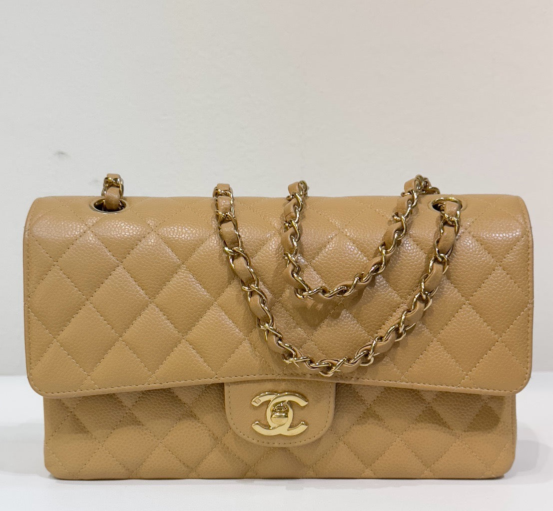 Chanel Medium Caviar Quilted Double Flap Beige Bag 866 Holo