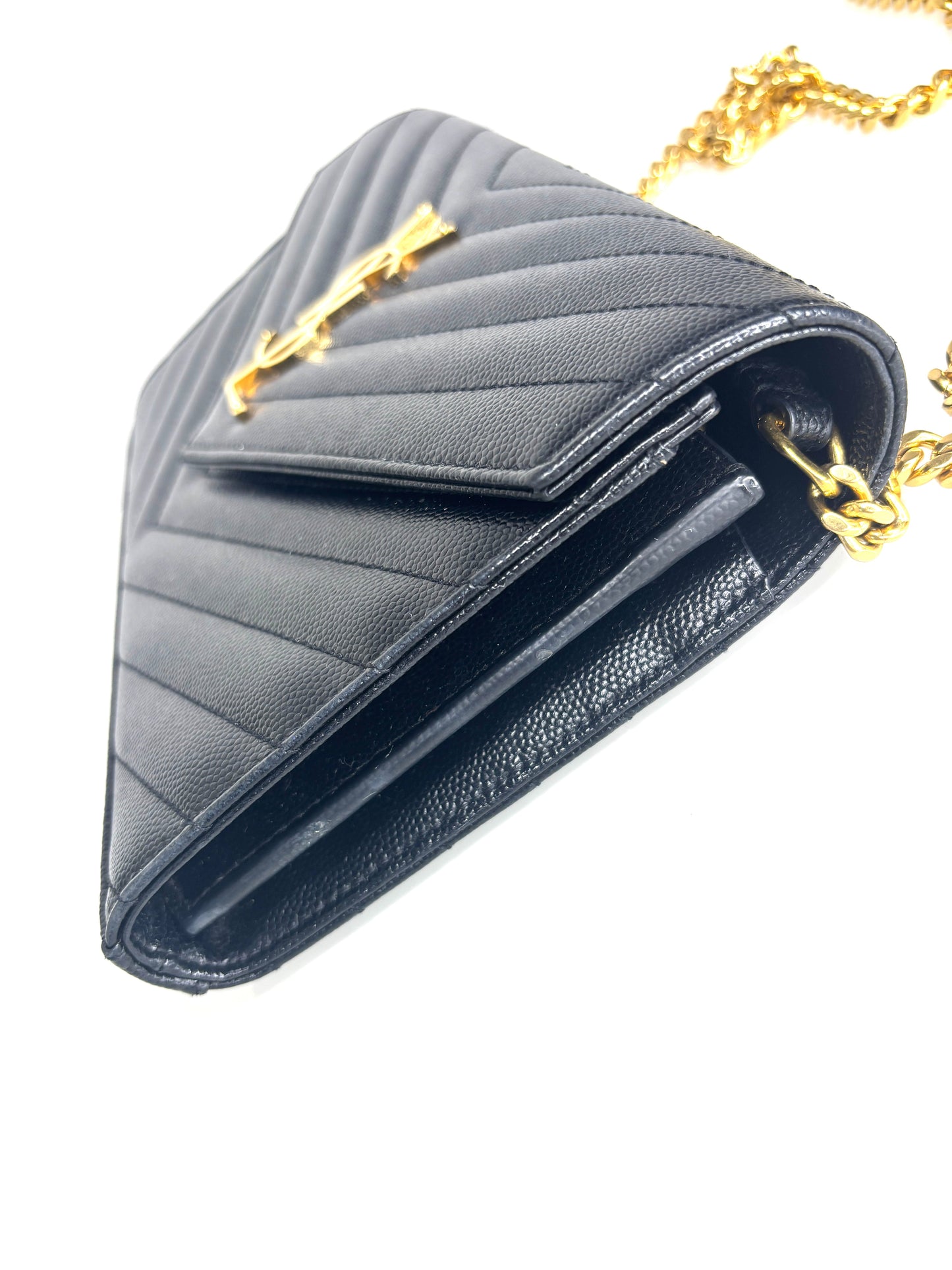 Saint Laurent Preloved YSL Cassandre Black Grain De Poudre Chain Wallet Cross-Body Bag