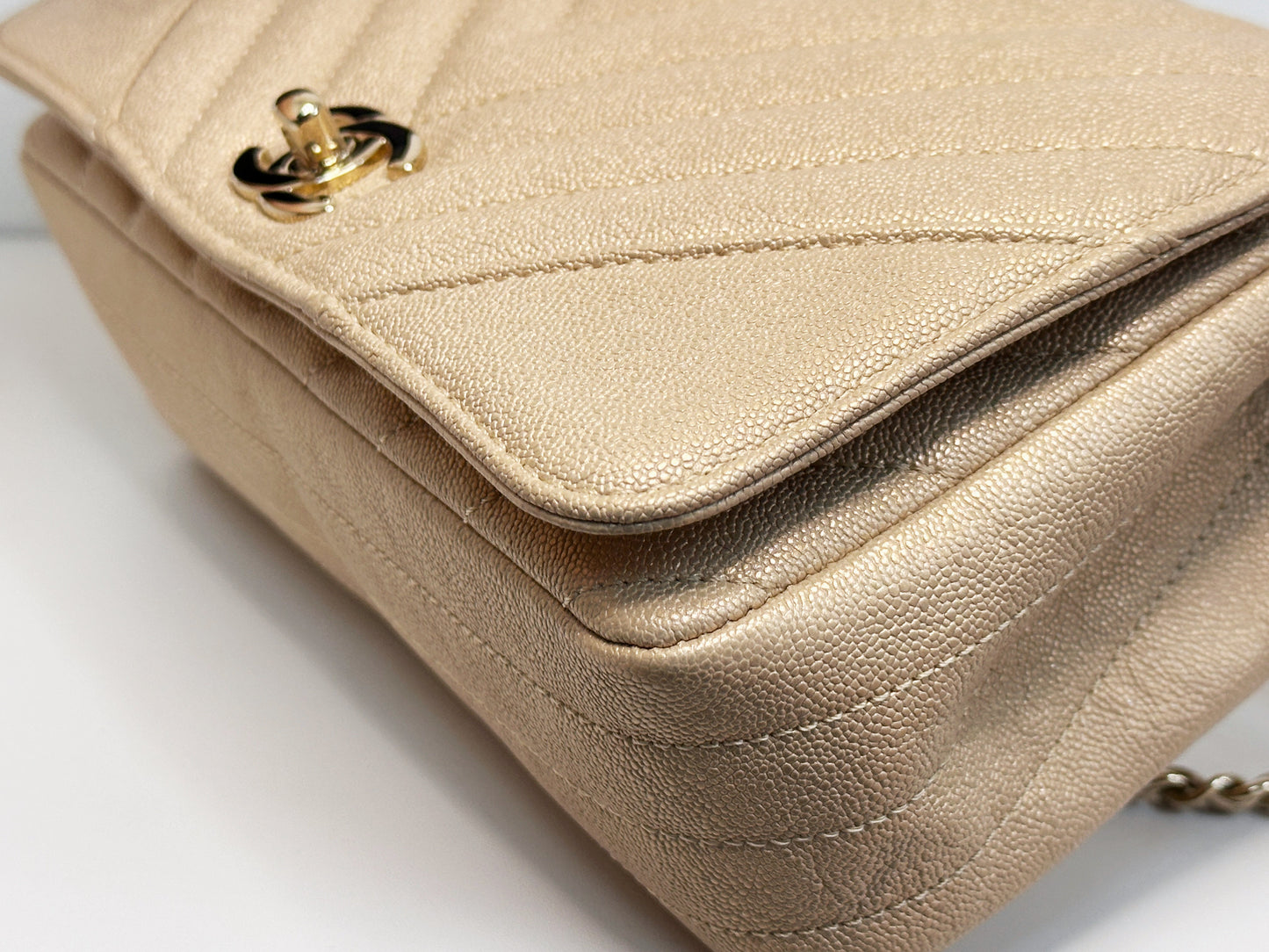 Chanel Mini Statement Metallic Caviar Chevron Quilted Flap Beige LGHW 2835 holo card