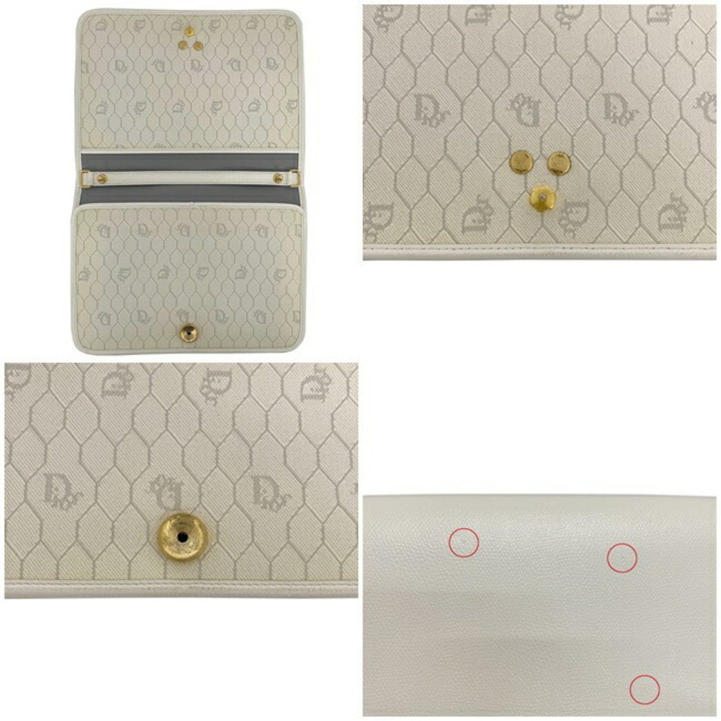 Christian Dior Clutch Bag White Gold Flap Leather Plate Ladies