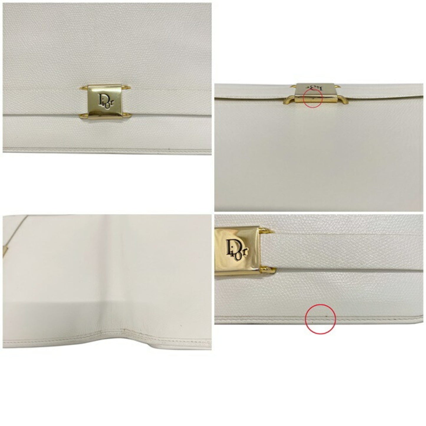 Christian Dior Clutch Bag White Gold Flap Leather Plate Ladies