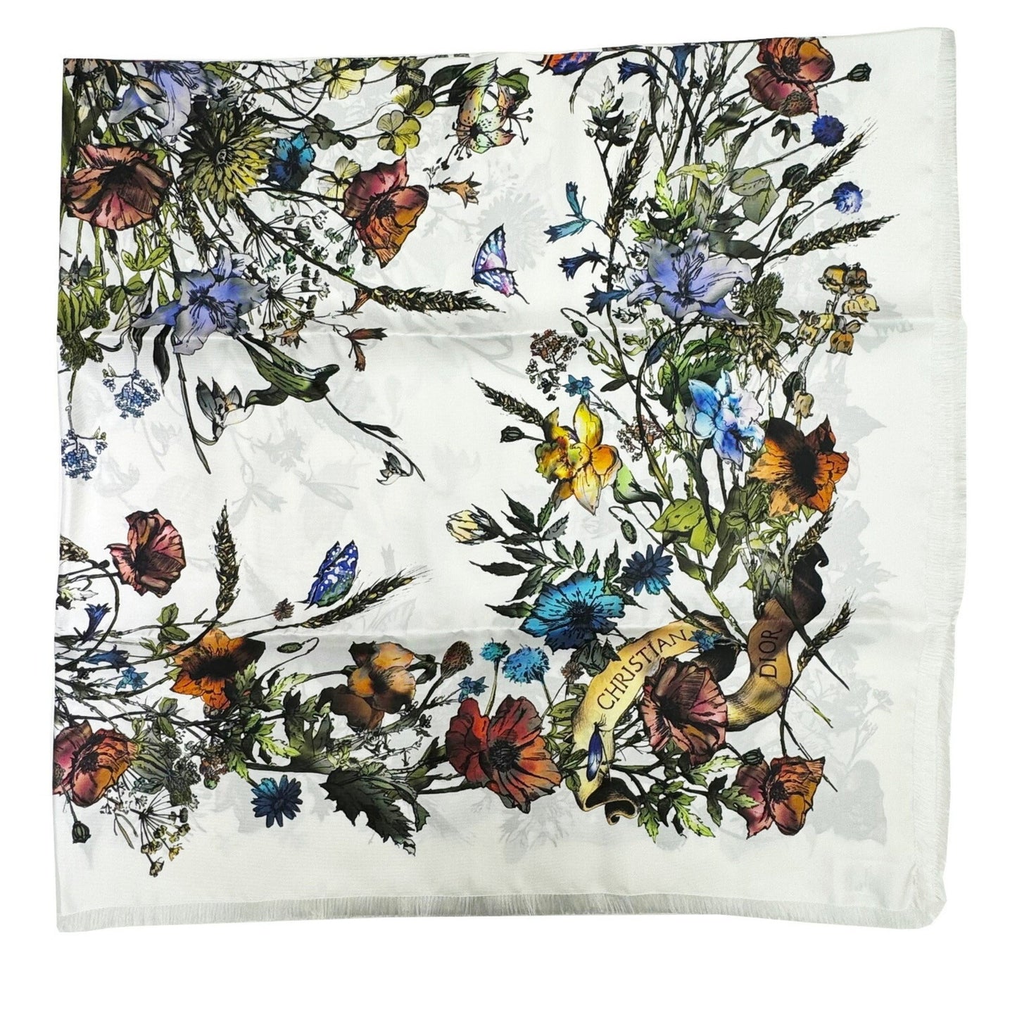 CHRISTIAN DIOR Flower Large Scarf 140cm White Silk 100% Women's