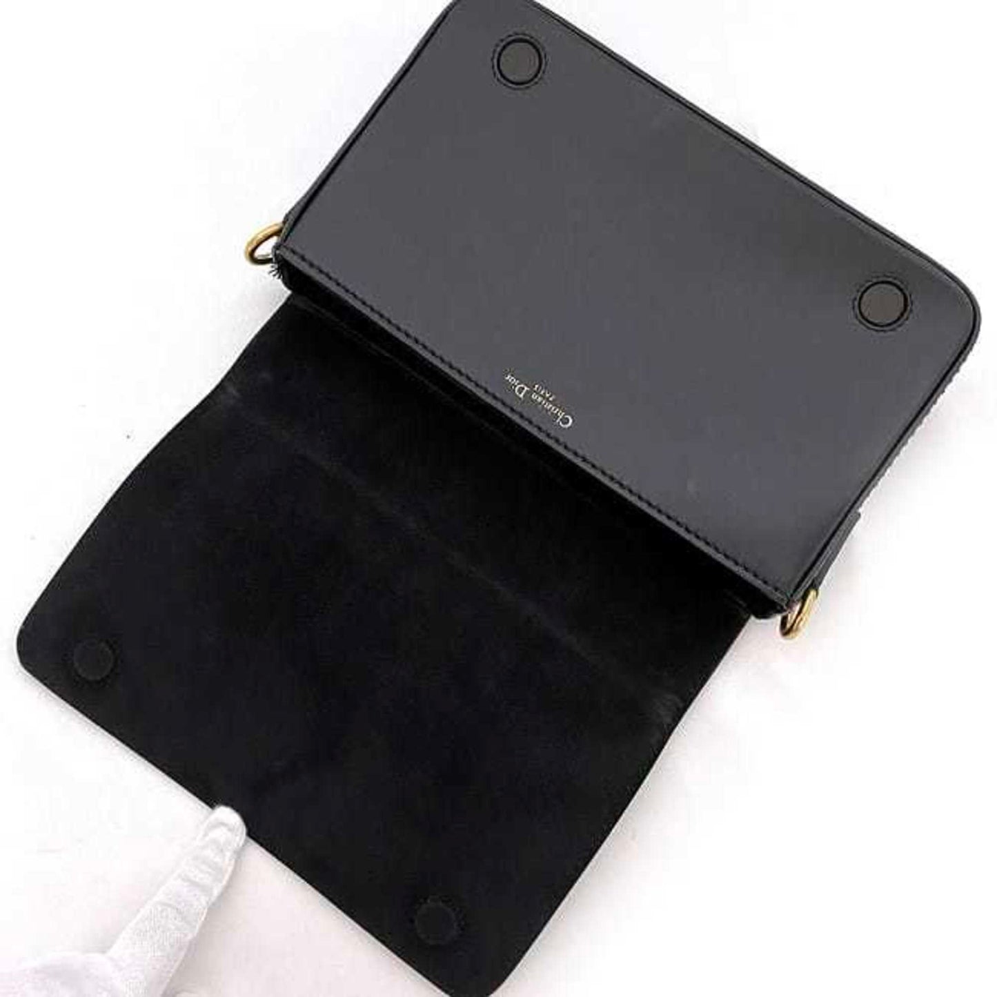 CHRISTIAN DIOR Clutch Bag Black Gold J'ADIOR Leather Handbag Flap Strap