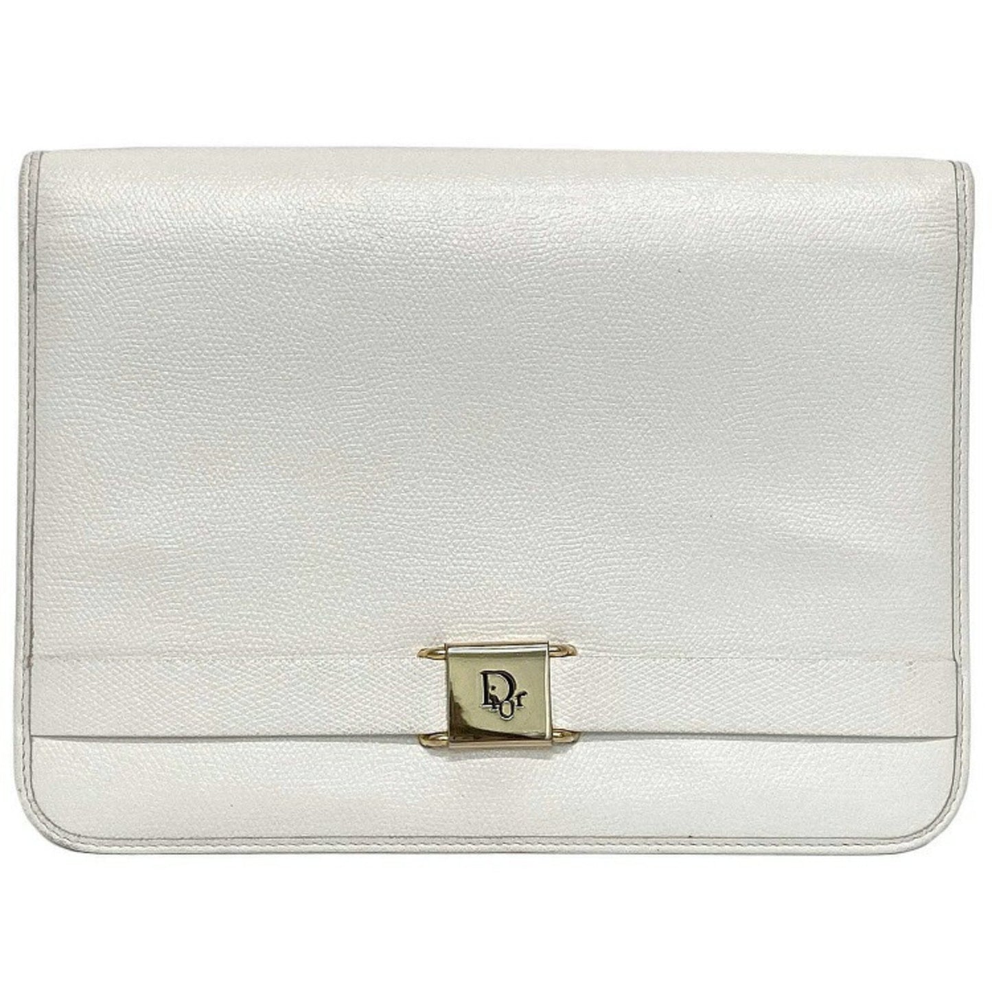 Christian Dior Clutch Bag White Gold Flap Leather Plate Ladies