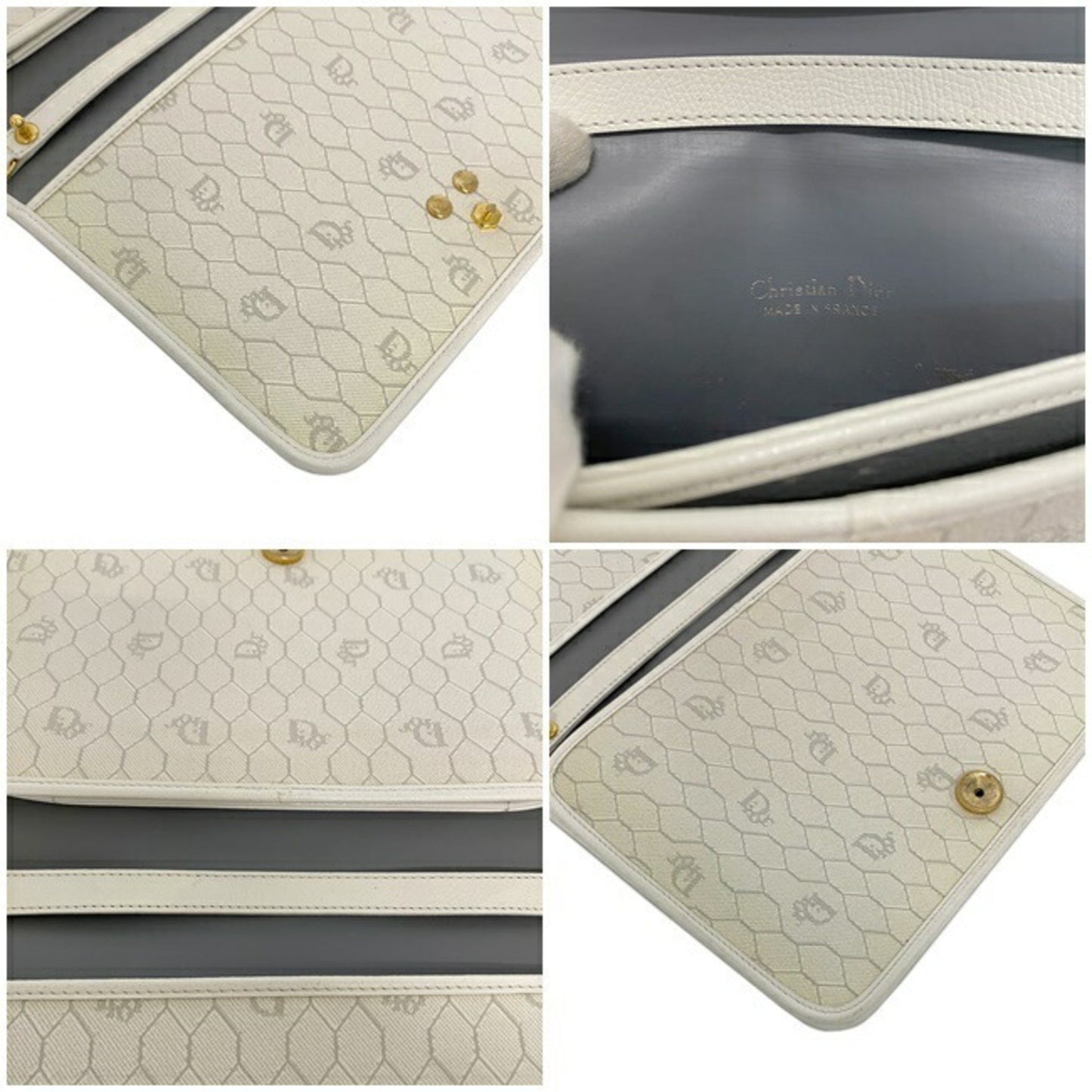 Christian Dior Clutch Bag White Gold Flap Leather Plate Ladies