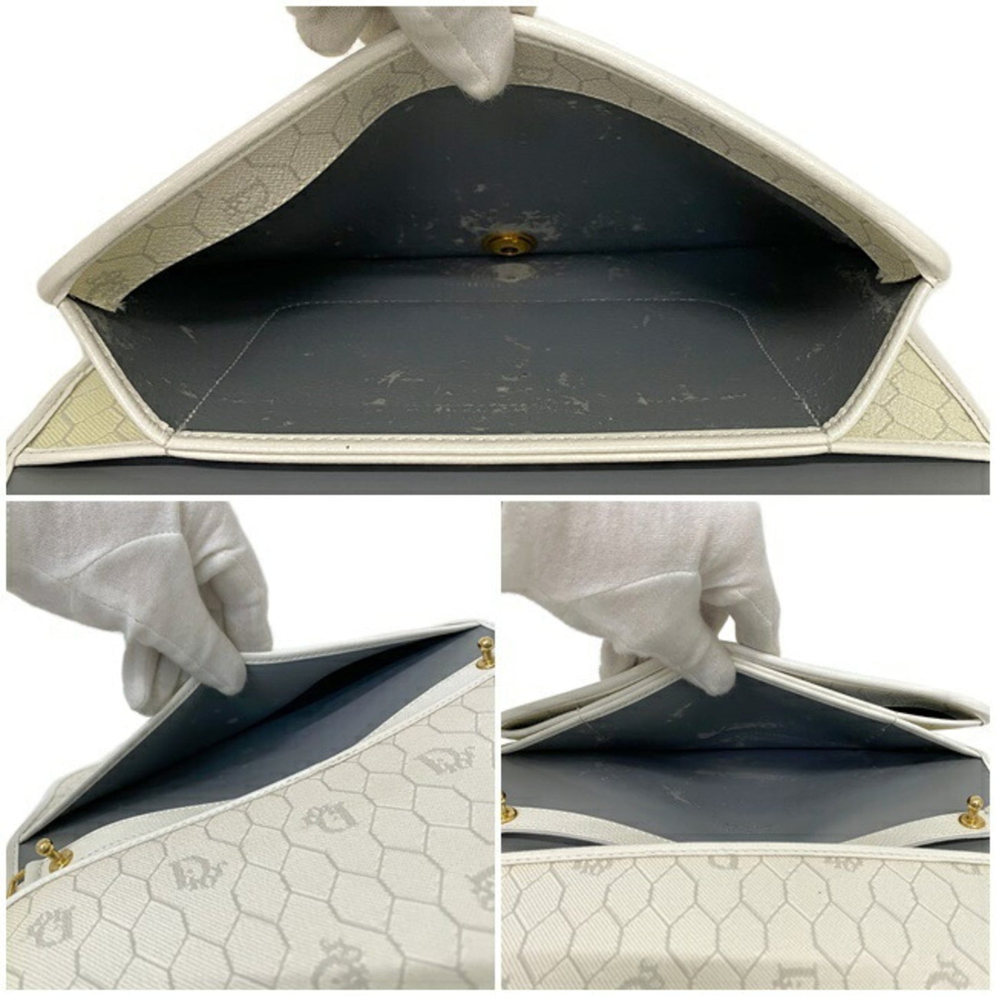 Christian Dior Clutch Bag White Gold Flap Leather Plate Ladies