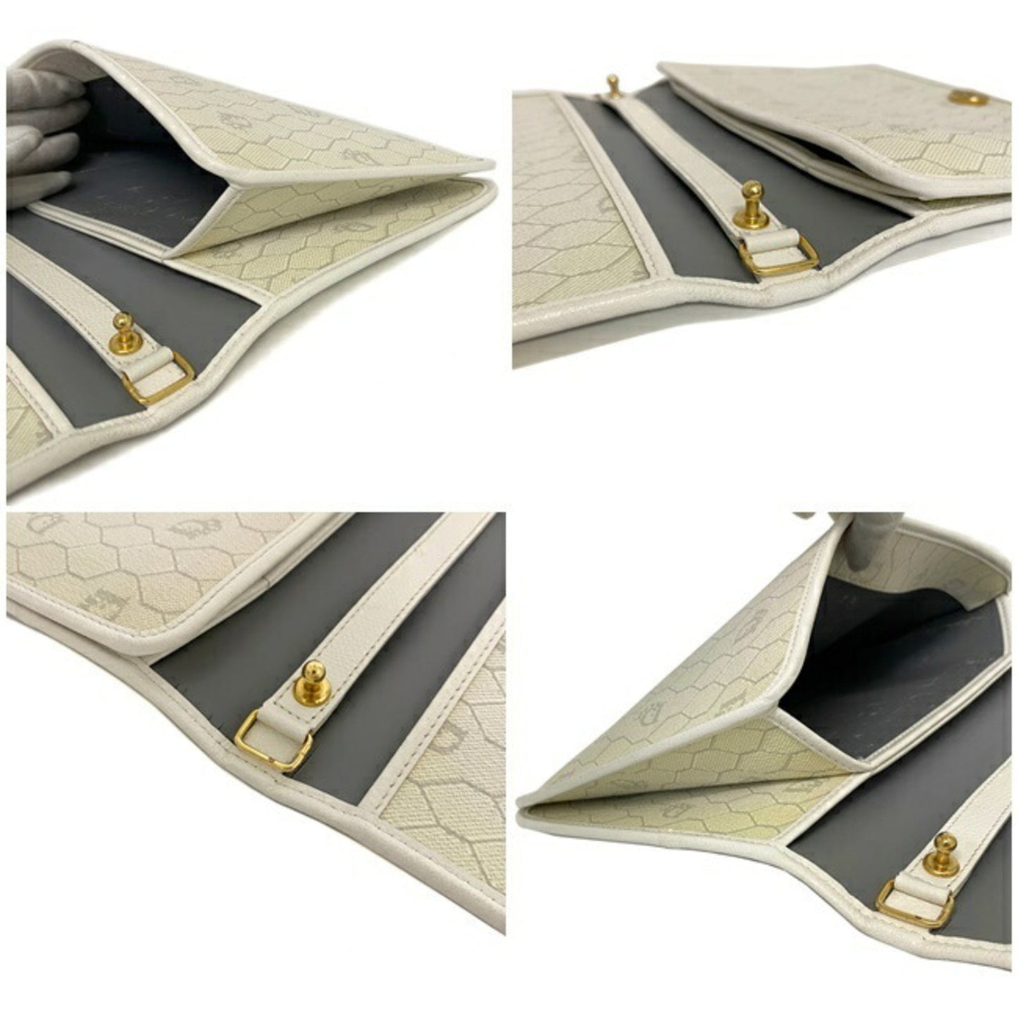 Christian Dior Clutch Bag White Gold Flap Leather Plate Ladies
