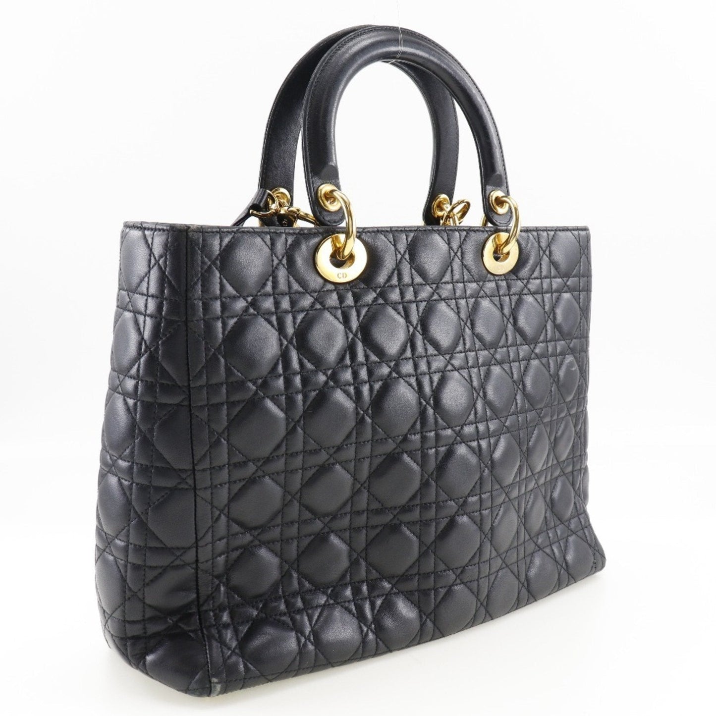 CHRISTIAN DIOR Dior Christian Lady Large Handbag Canage 2WAY Shoulder Calf Black/Gold Hardware Ladies