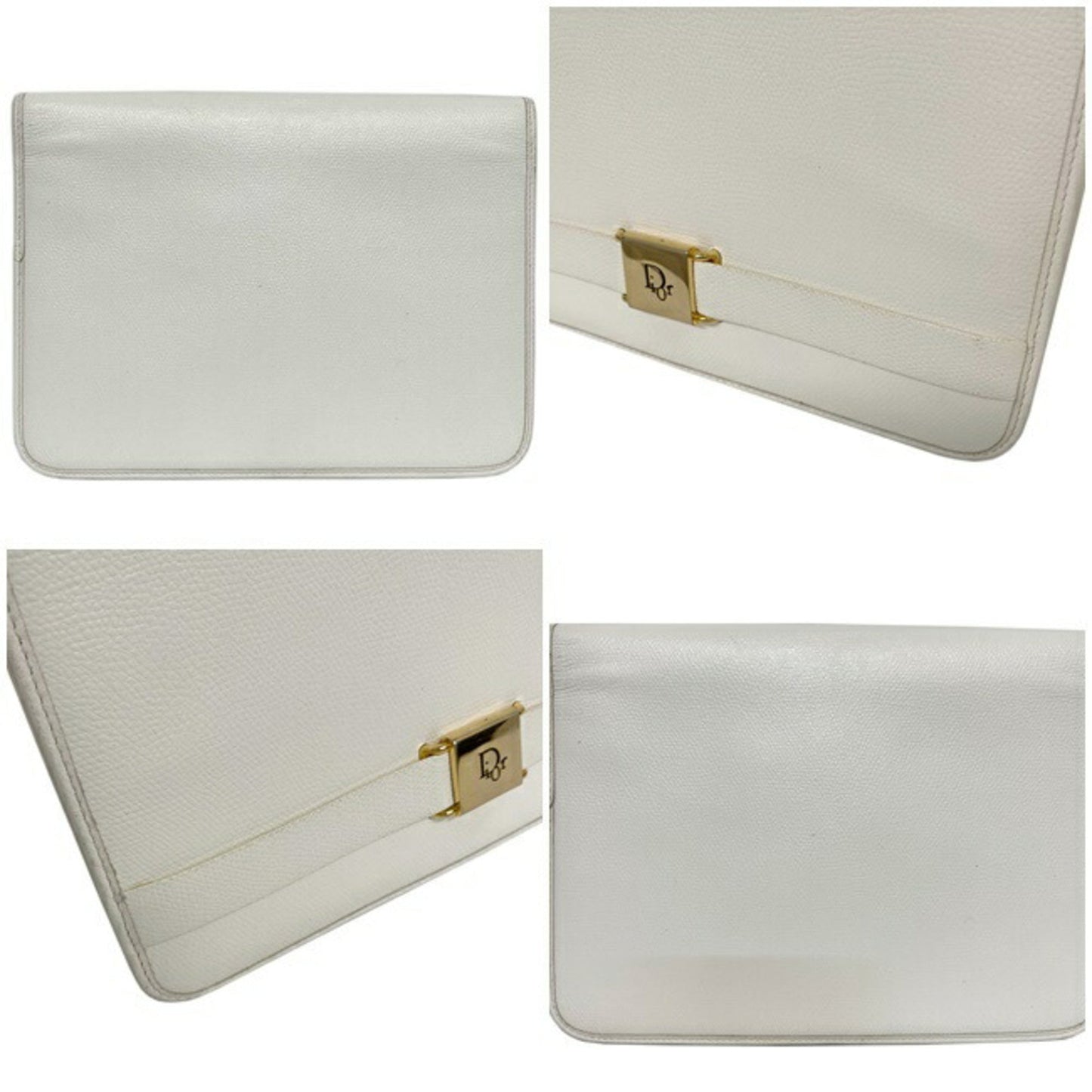 Christian Dior Clutch Bag White Gold Flap Leather Plate Ladies
