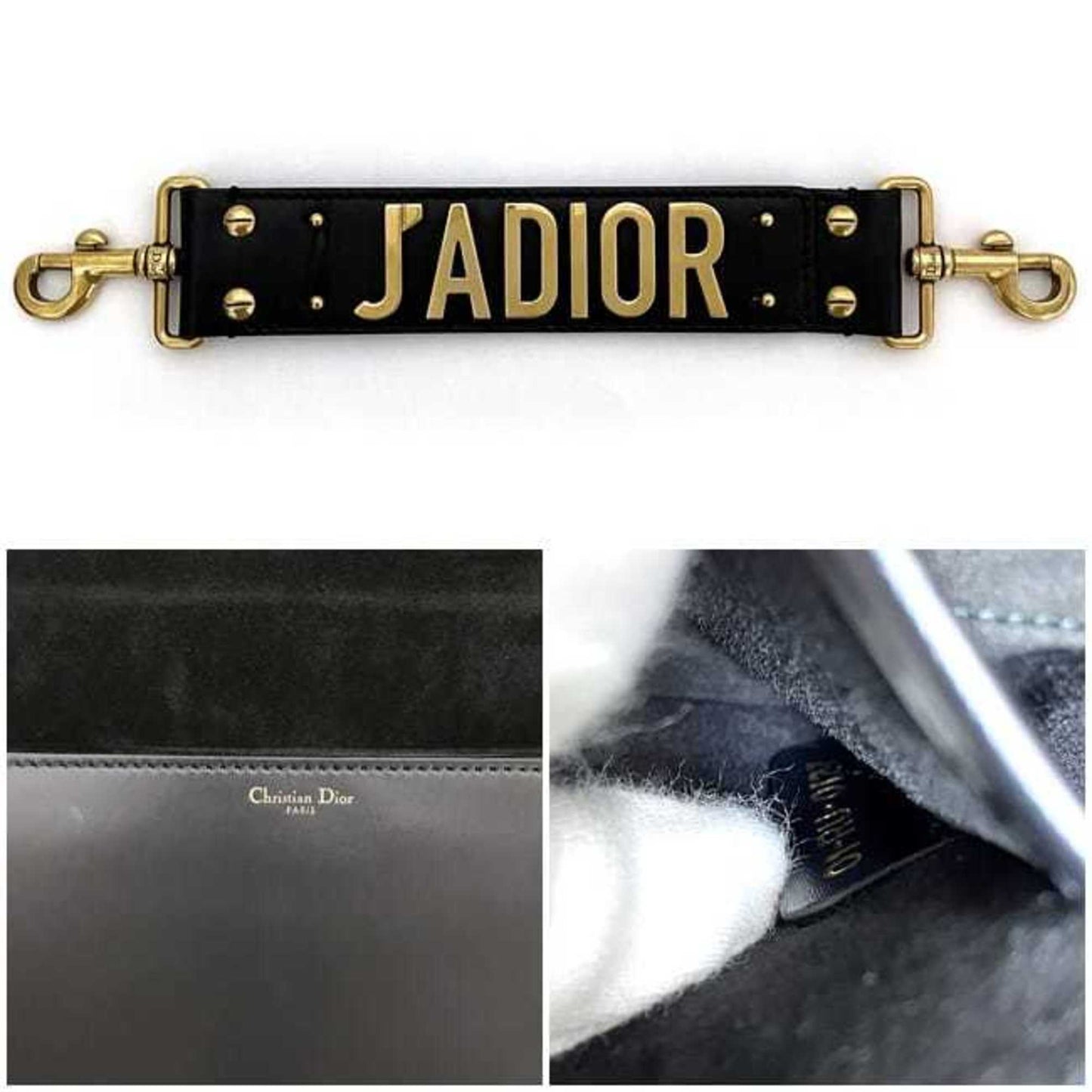 CHRISTIAN DIOR Clutch Bag Black Gold J'ADIOR Leather Handbag Flap Strap