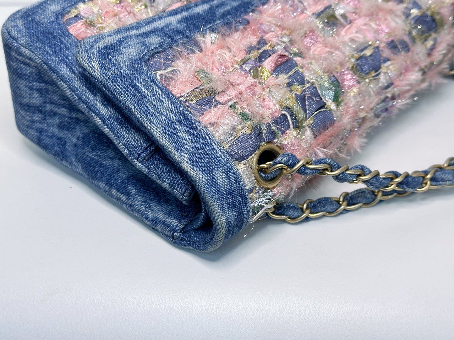 Chanel Pink, Silver, and Gold Tweed and Denim Medium Classic Double Flap Gold Hardware, 2016