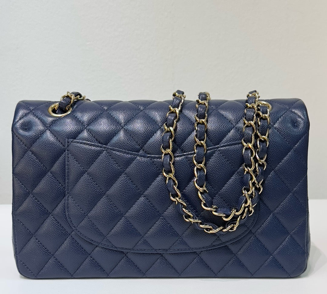 Chanel Medium Classic Caviar Double Flap Navy Blue Bag LGHW