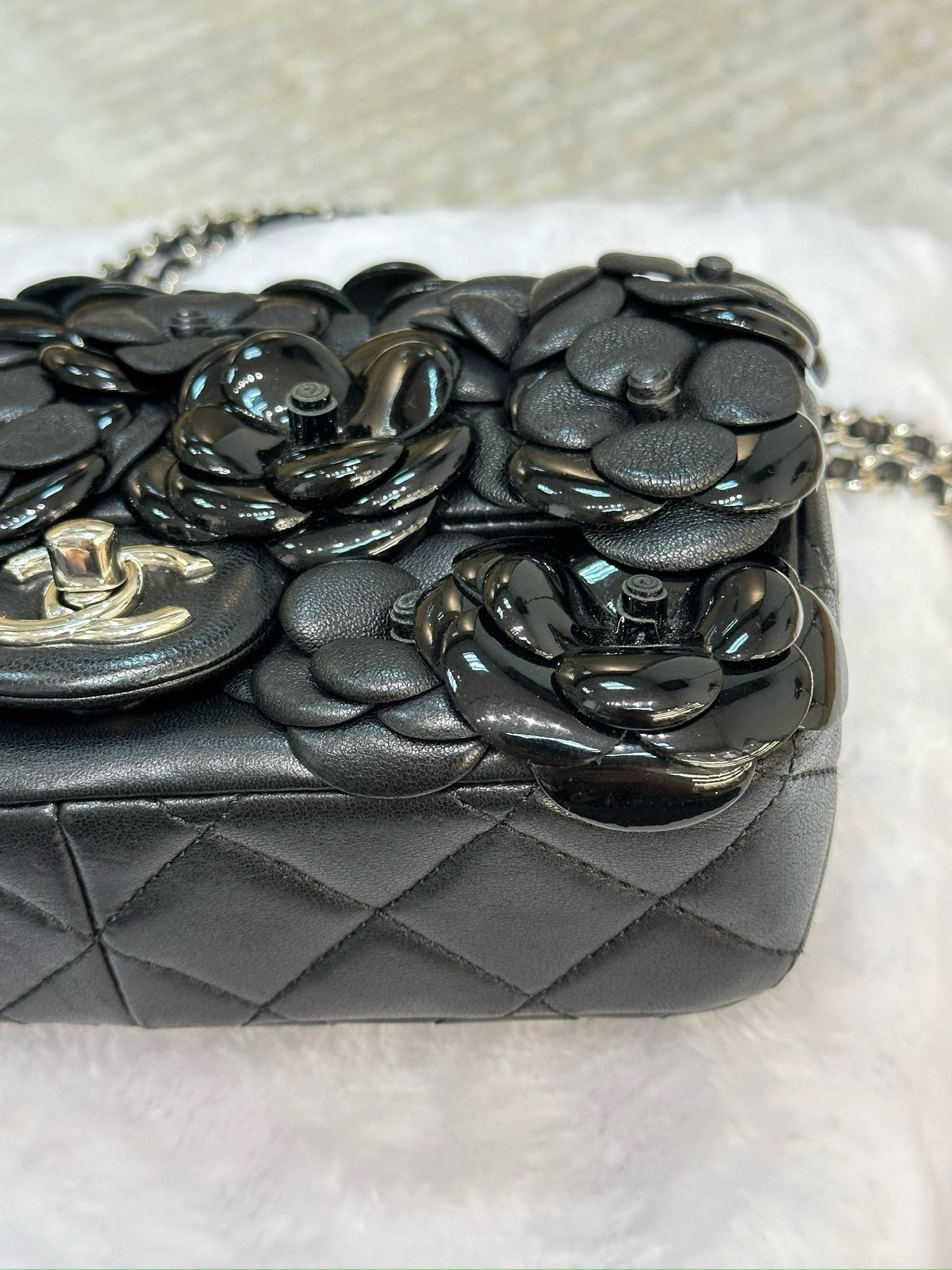 Chanel Mini Limited Edition Black Camellia Lambskin Flap Bag