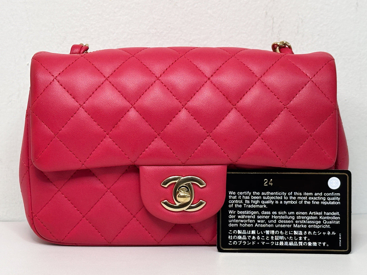 CHANEL Lambskin Quilted Mini Rectangular Flap Red 2491 holo card