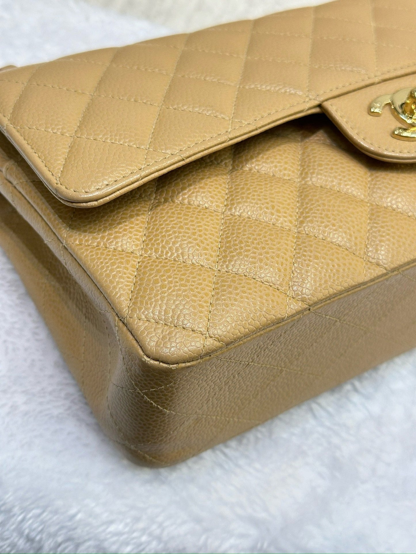 Chanel Medium Caviar Quilted Double Flap Beige Bag 866 Holo