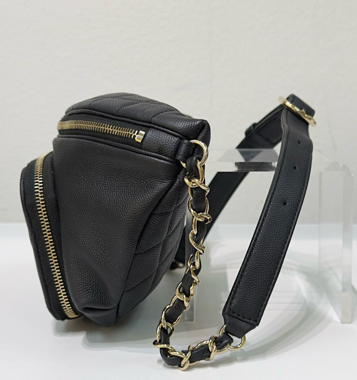Chanel Black Quilted Caviar Leather Business Affinity Waist Belt Bag 27 holo card