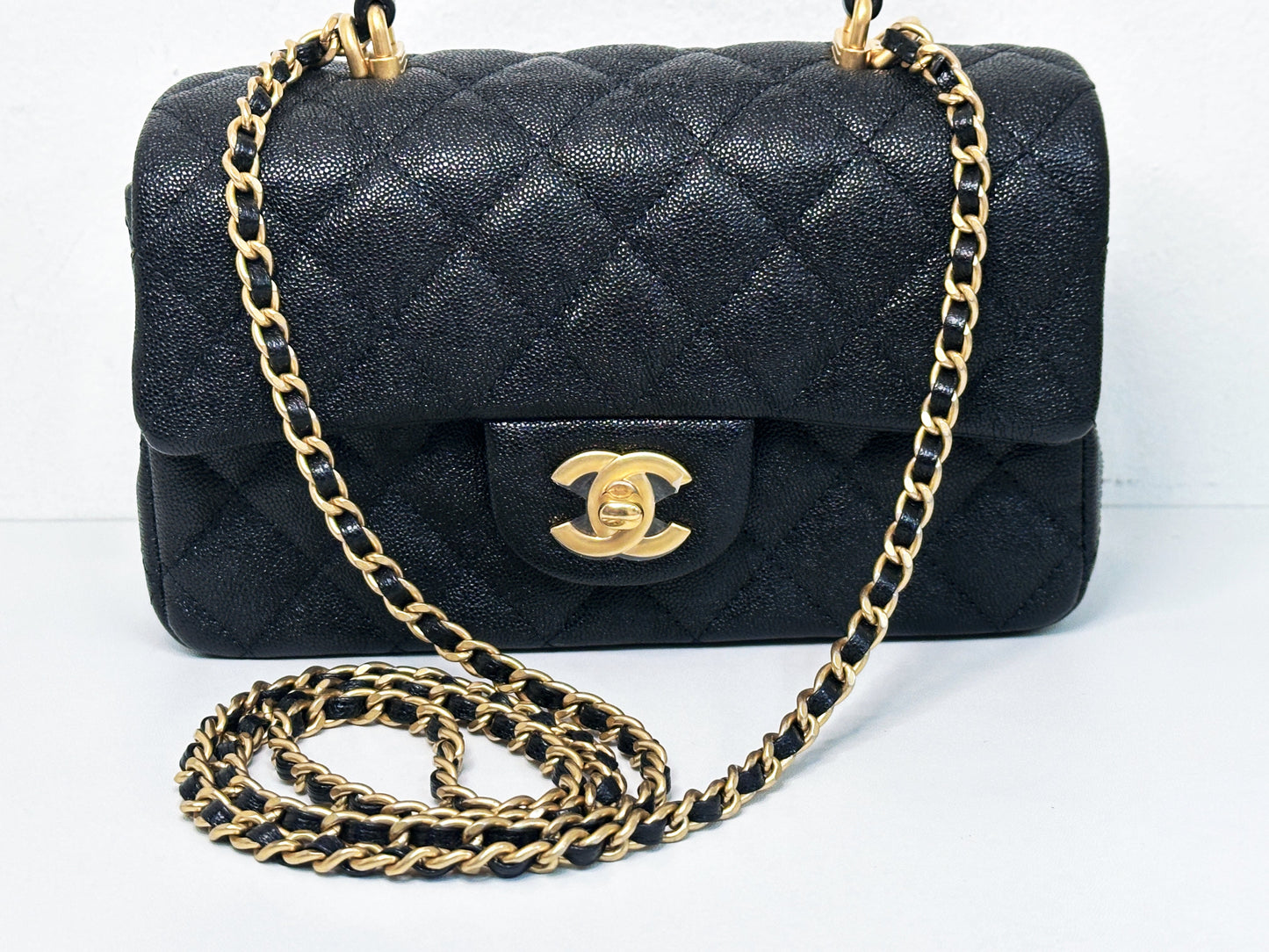 Chanel Mini Rectangular Top Handle Flap Bag Black Caviar GHW 3126 holo card