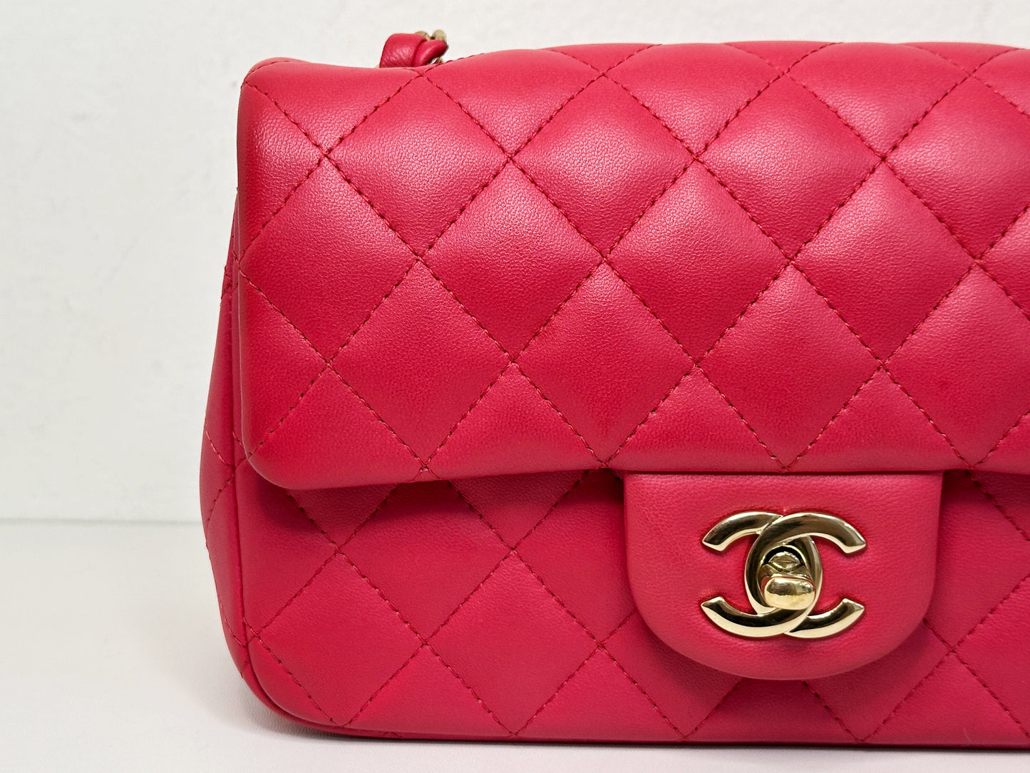 CHANEL Lambskin Quilted Mini Rectangular Flap Red 2491 holo card