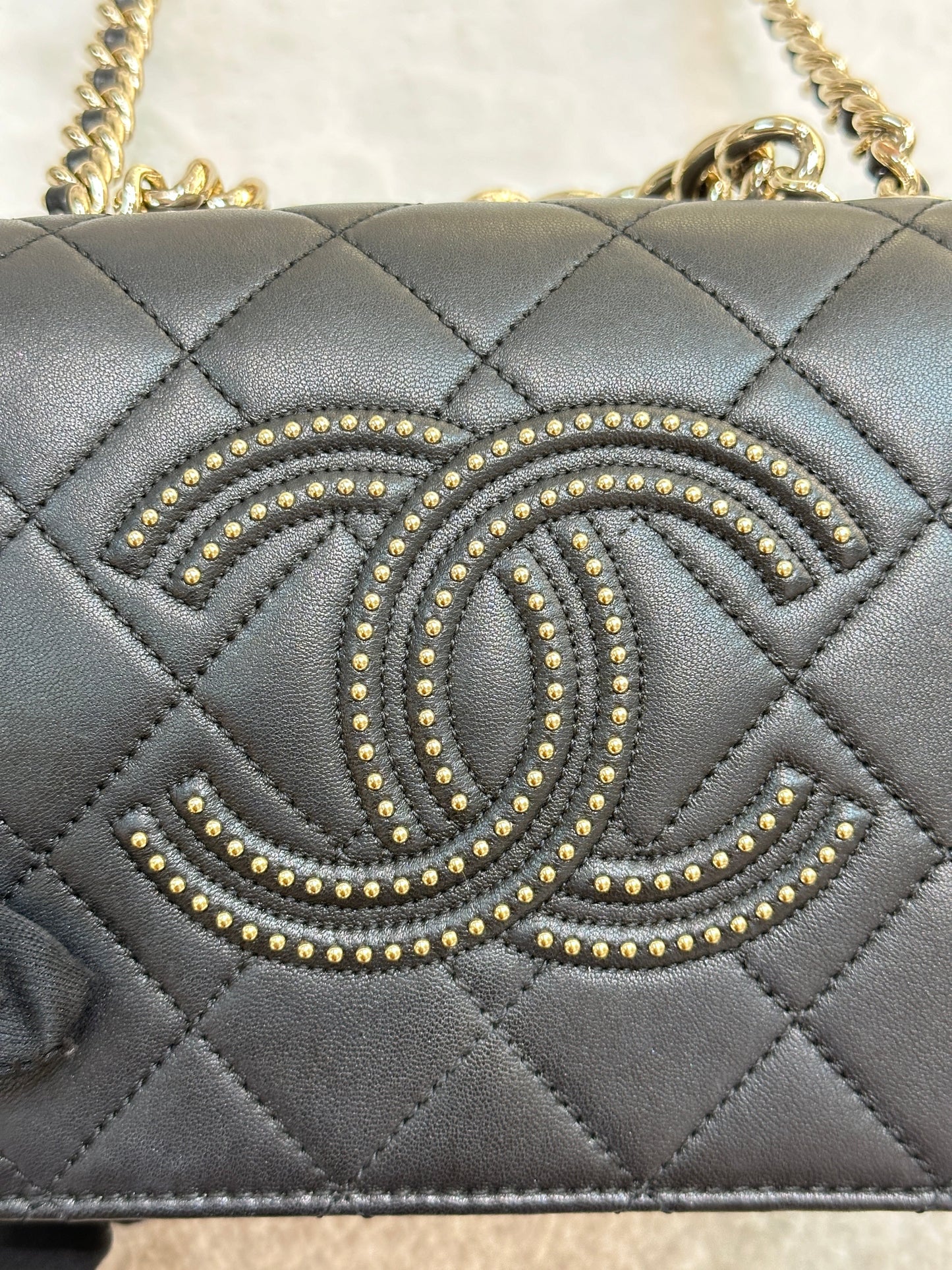 CHANEL Lambskin Quilted Studded Beauty Begins Flap Black