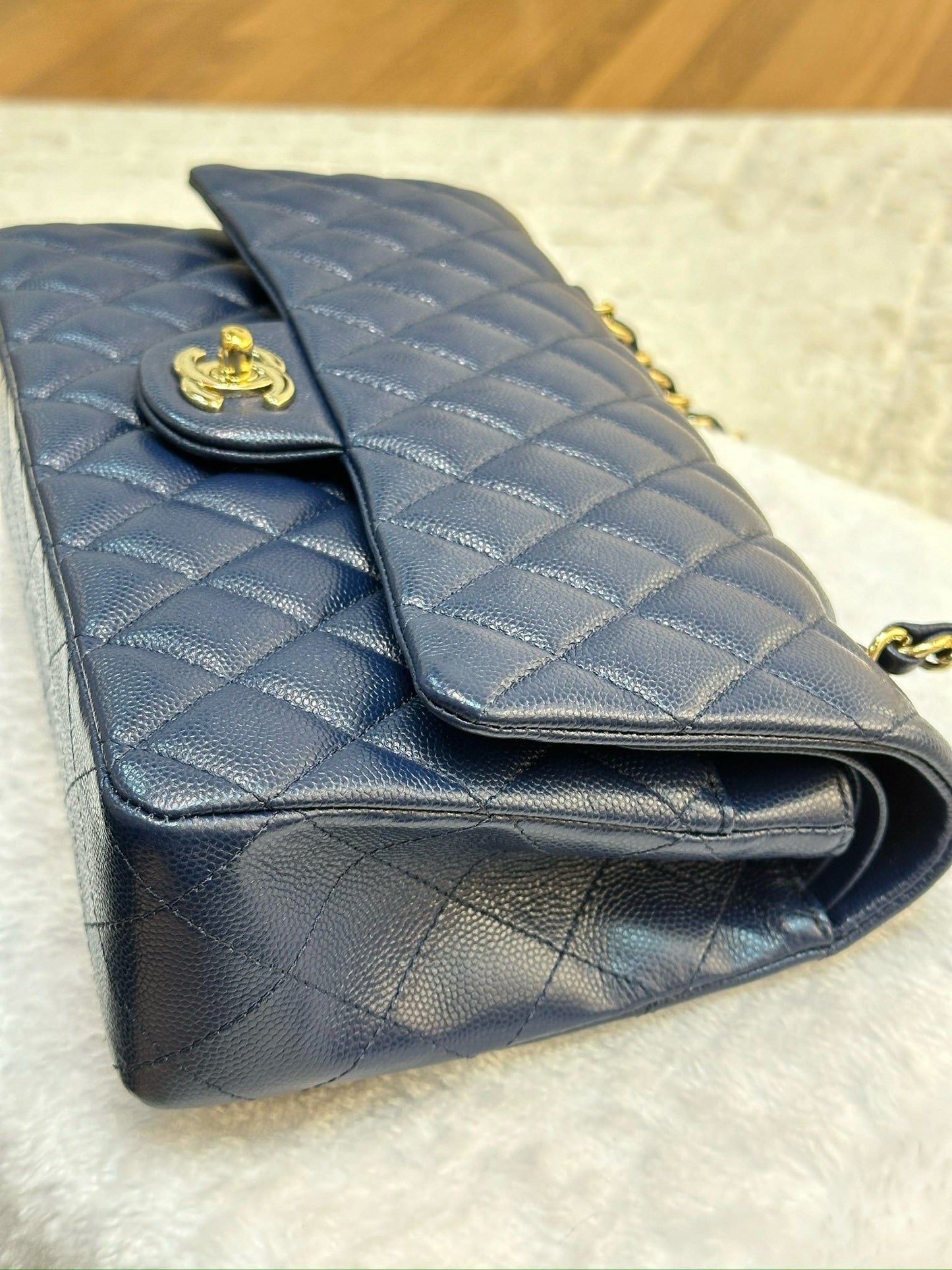 Chanel Medium Classic Caviar Double Flap Navy Blue Bag LGHW