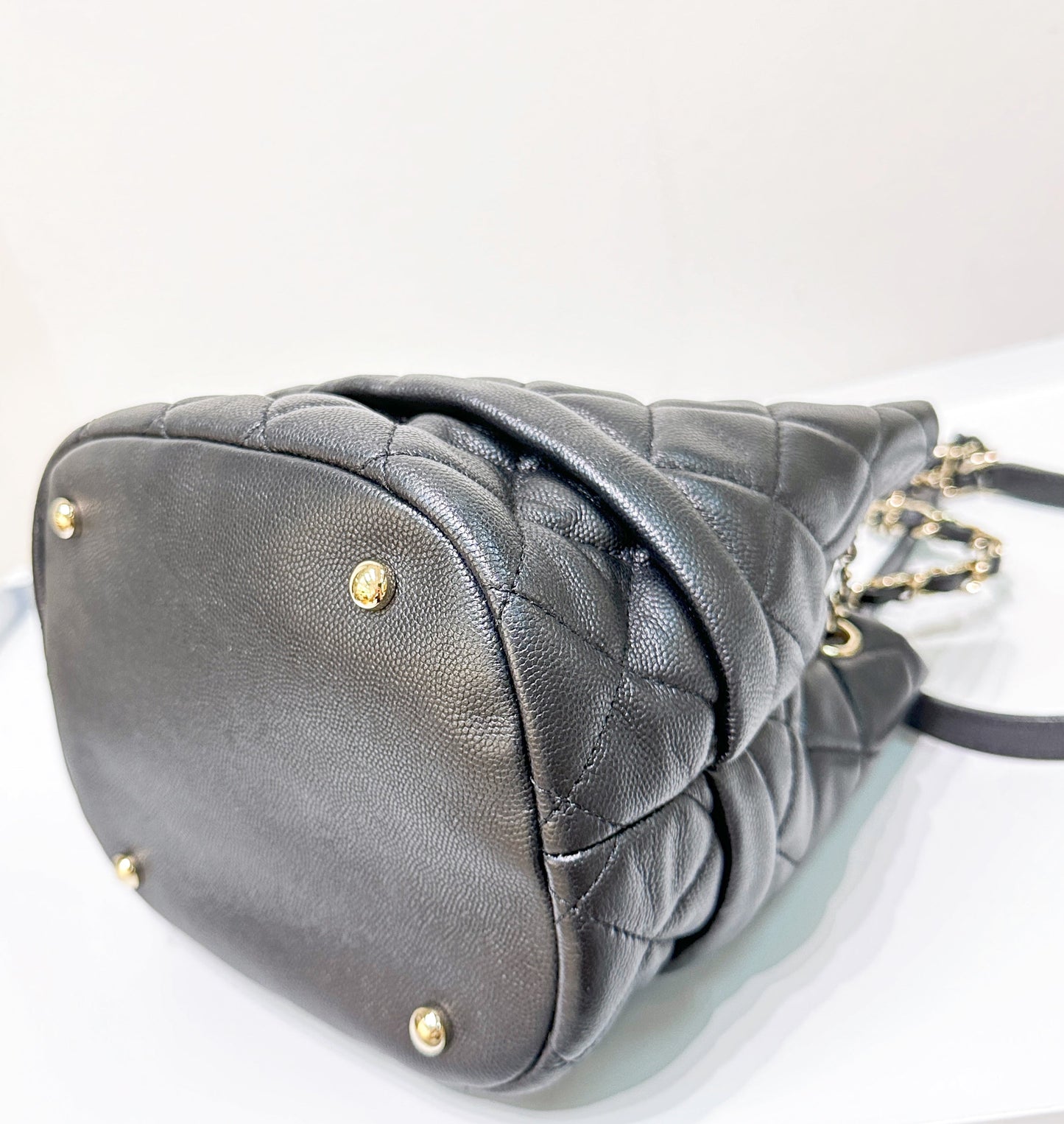 CHANEL Caviar Quilted Rolled Up Bucket Drawstring Bag Black