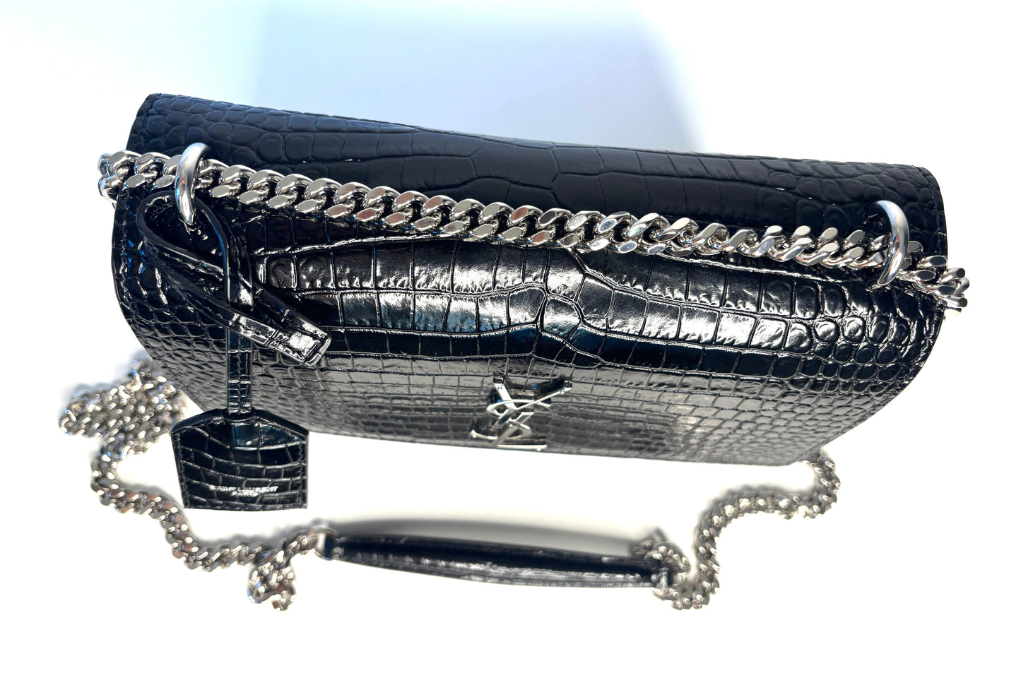 Saint Laurent Sunset Croc-Effect Black Medium Shoulder Bag - Preloved (Like New)