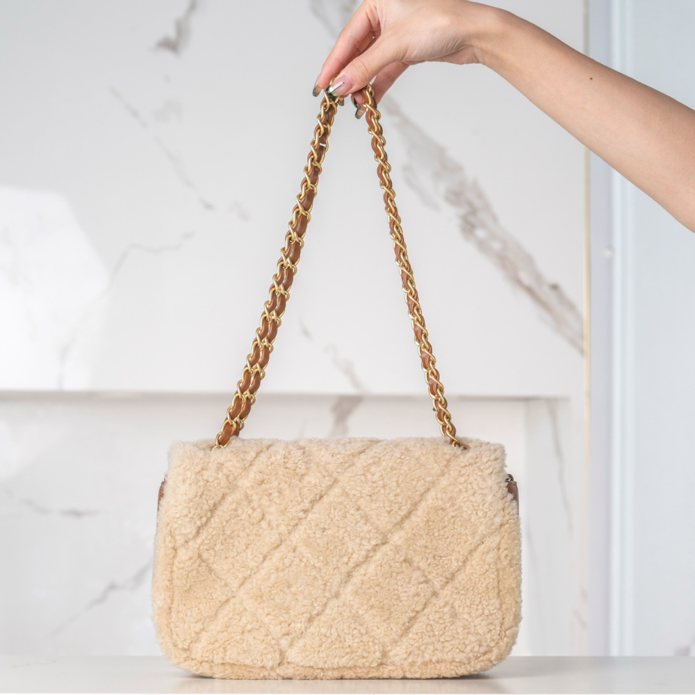 24K Teddy Bear-Shearling Flap Bag Leather Handbag for Women