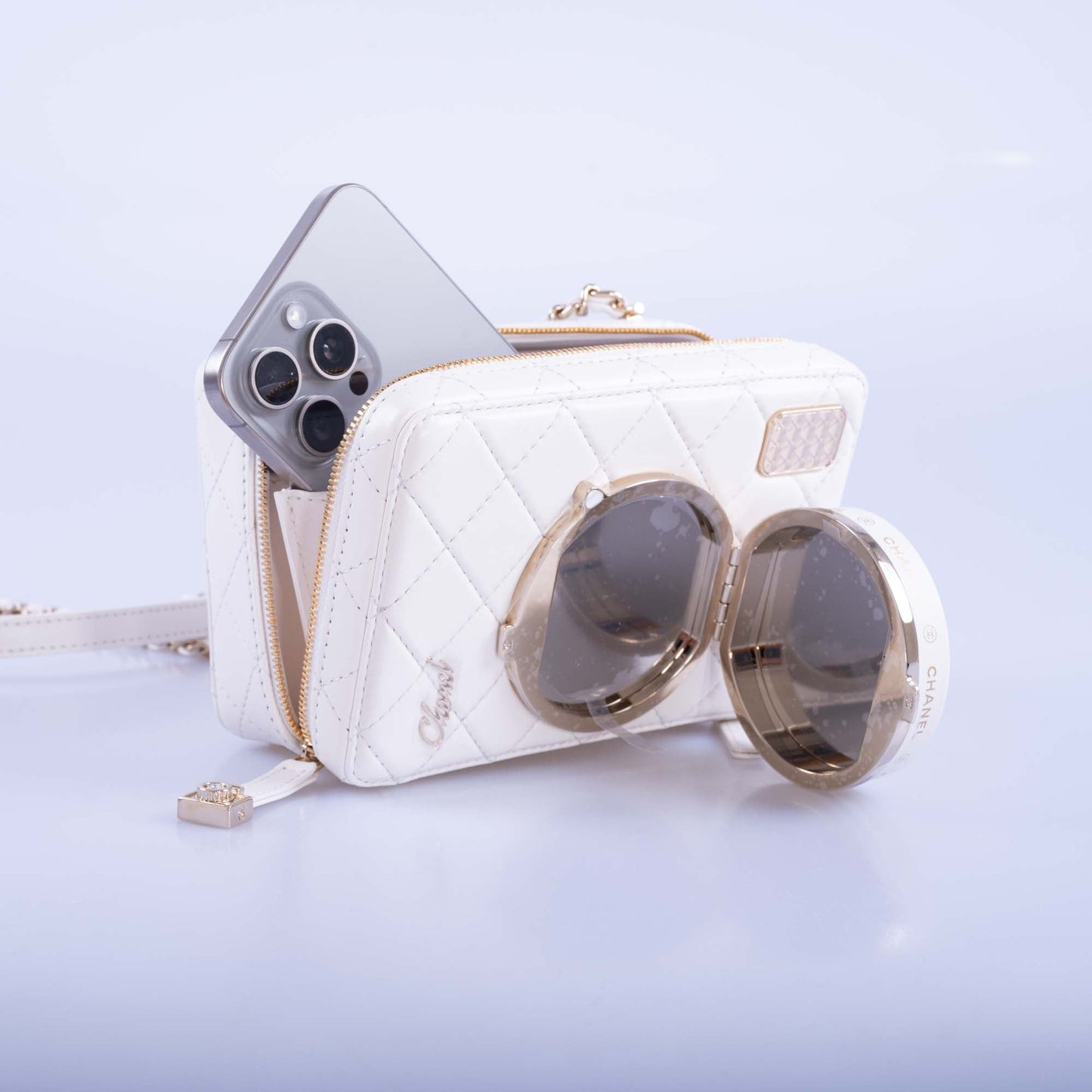 24S Chanel Collectible Runway Camera White Mirror Crossbody Bag