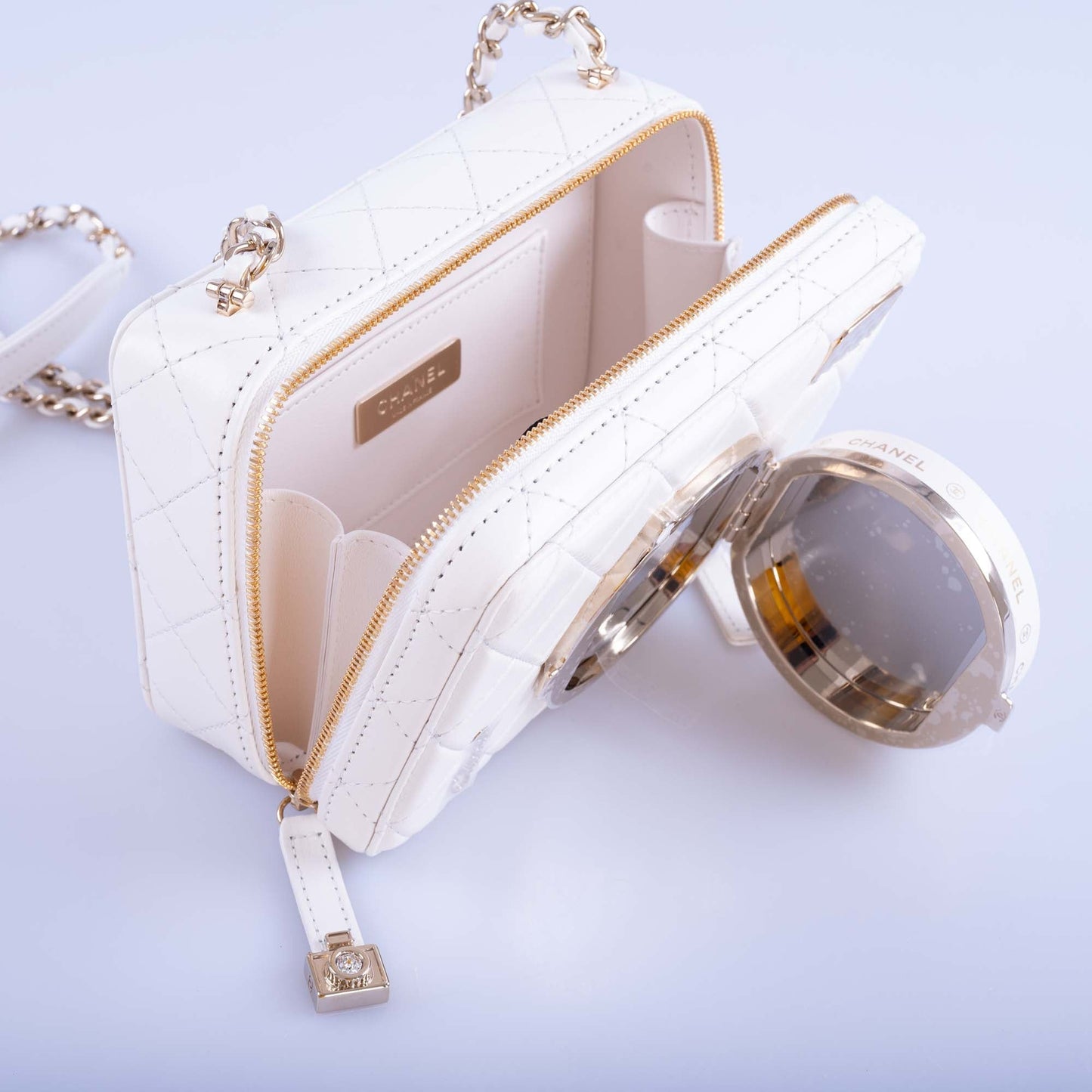 24S Chanel Collectible Runway Camera White Mirror Crossbody Bag