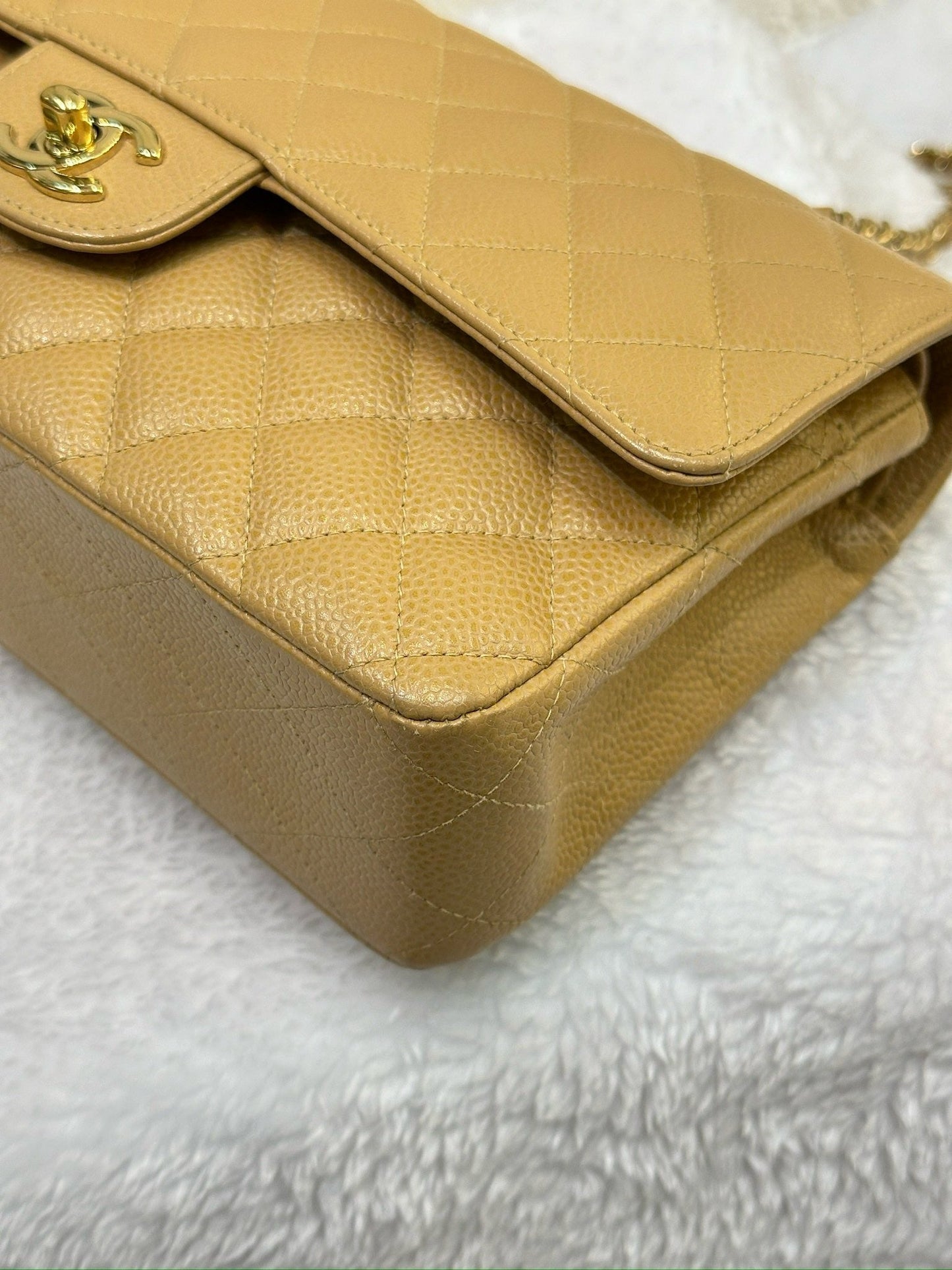 Chanel Medium Caviar Quilted Double Flap Beige Bag 866 Holo