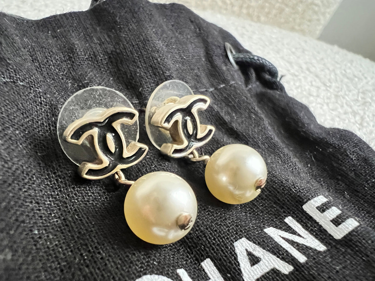 Chanel Black CC Pearl Drop Earrings